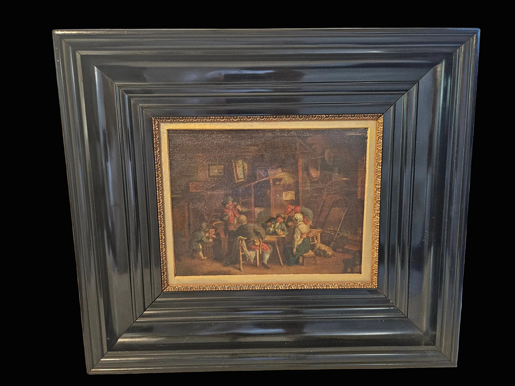 18e-eeuws olieverfschilderij op eiken paneel – Herberginterieur – Noordelijke School – ingelijst