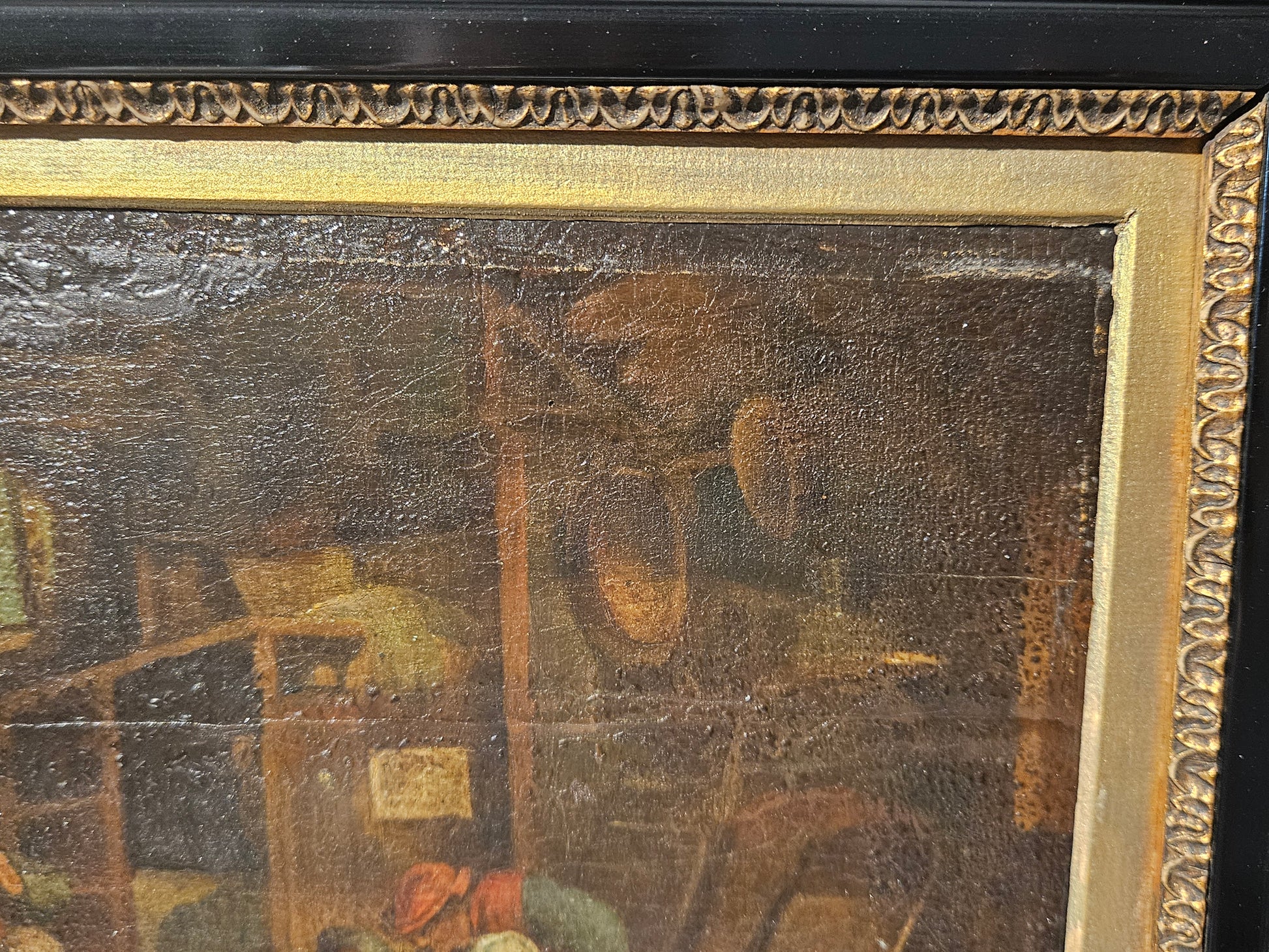 18e-eeuws olieverfschilderij op eiken paneel – Herberginterieur – Noordelijke School – ingelijst