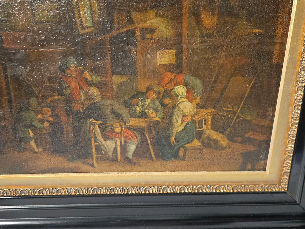 18e-eeuws olieverfschilderij op eiken paneel – Herberginterieur – Noordelijke School – ingelijst