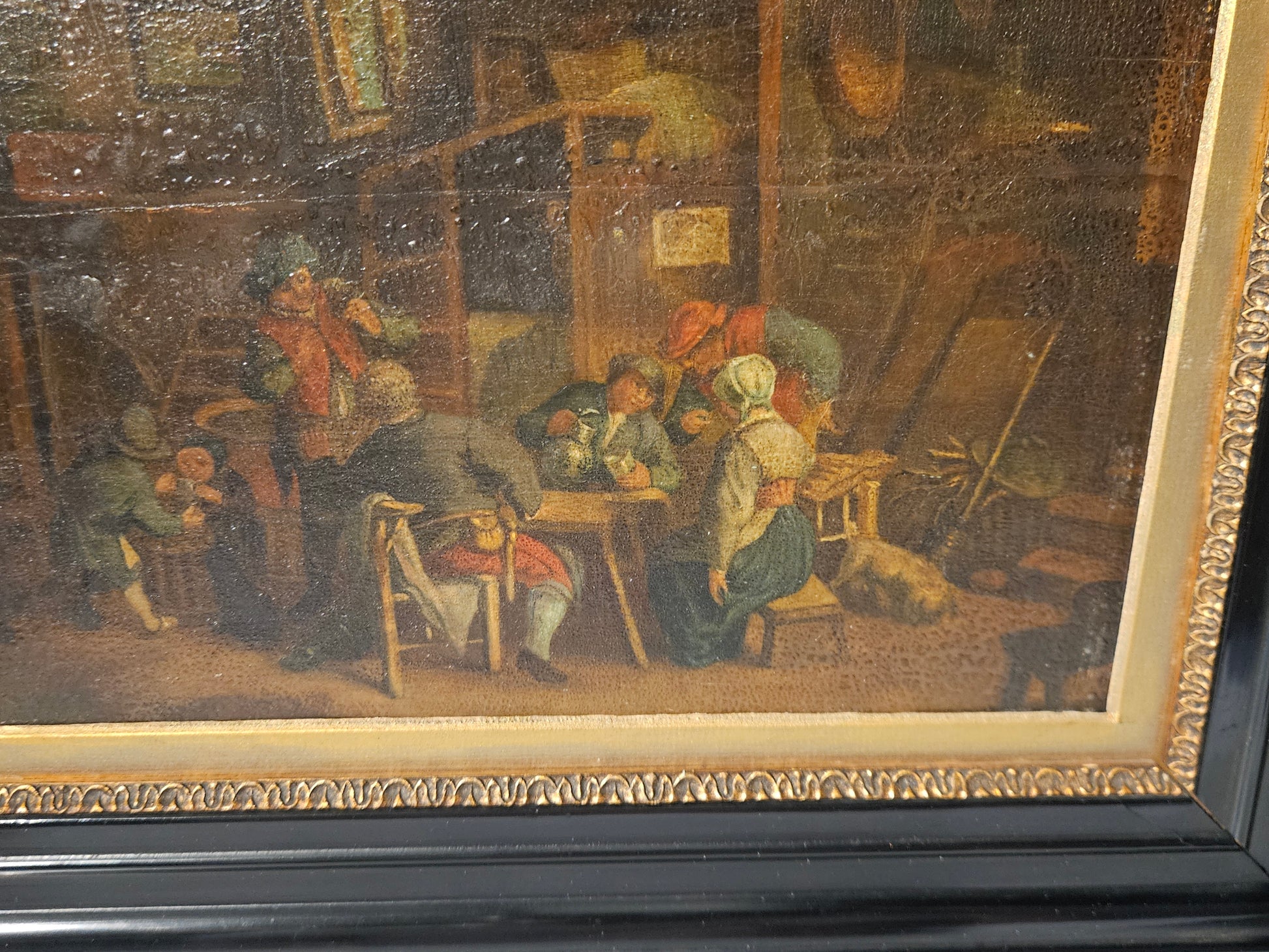 18e-eeuws olieverfschilderij op eiken paneel – Herberginterieur – Noordelijke School – ingelijst
