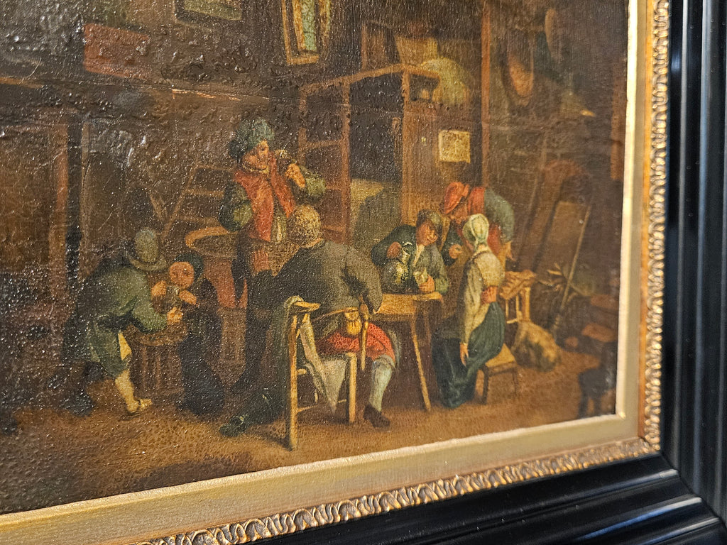 18e-eeuws olieverfschilderij op eiken paneel – Herberginterieur – Noordelijke School – ingelijst