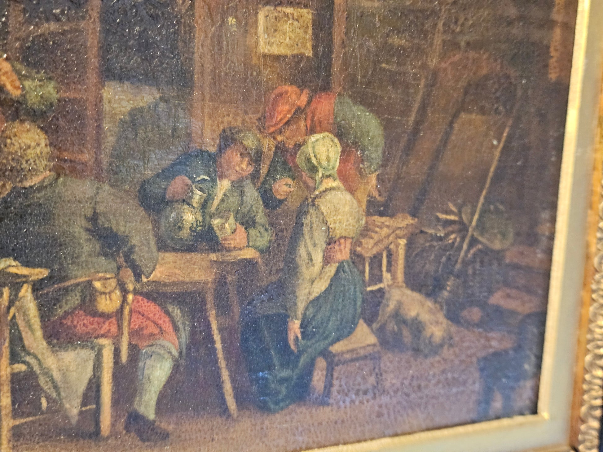 18e-eeuws olieverfschilderij op eiken paneel – Herberginterieur – Noordelijke School – ingelijst