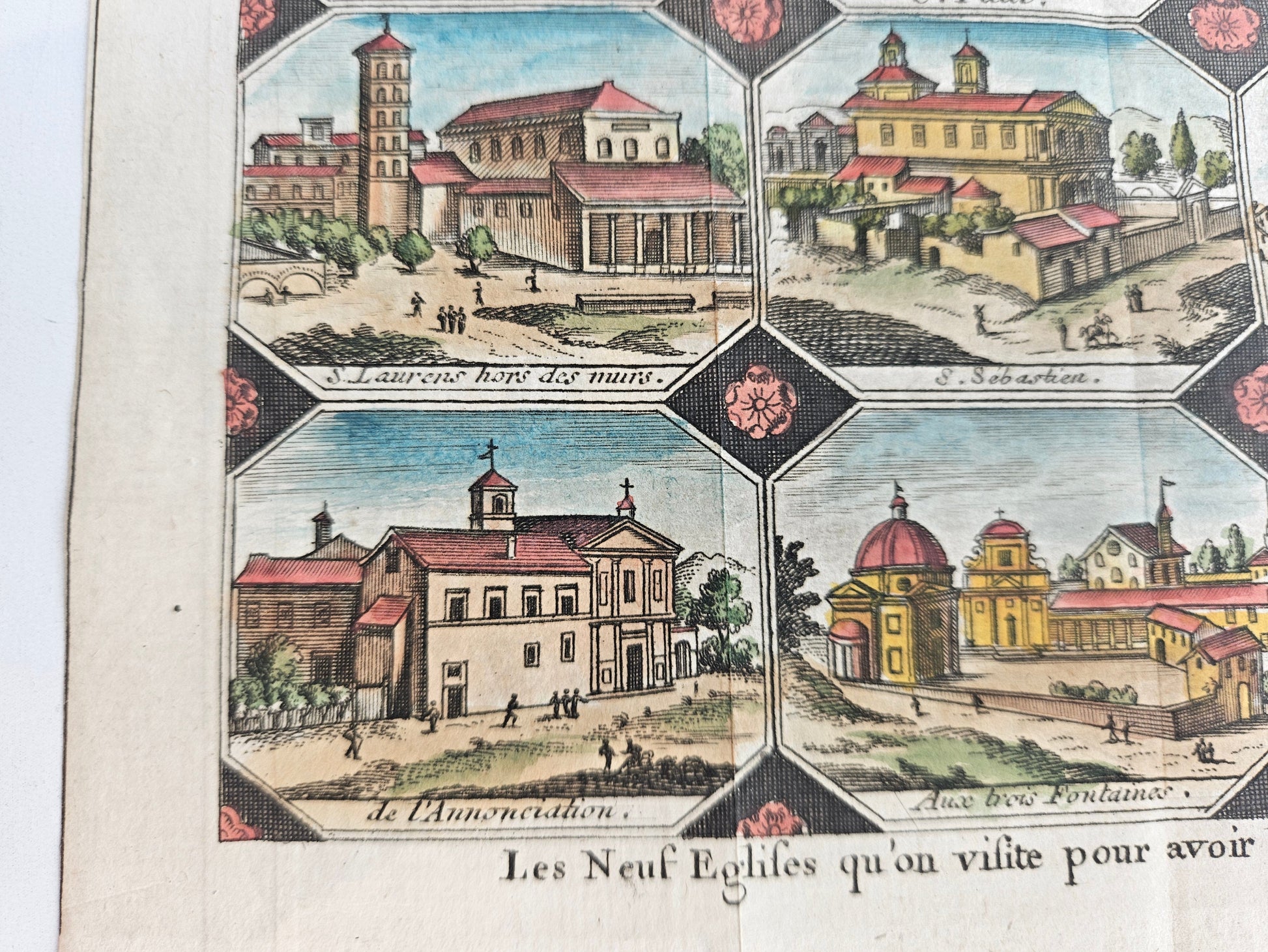 18e-eeuwse handgekleurde gravure – Les Neuf Églises de Rome – Alexandre de Rogissart