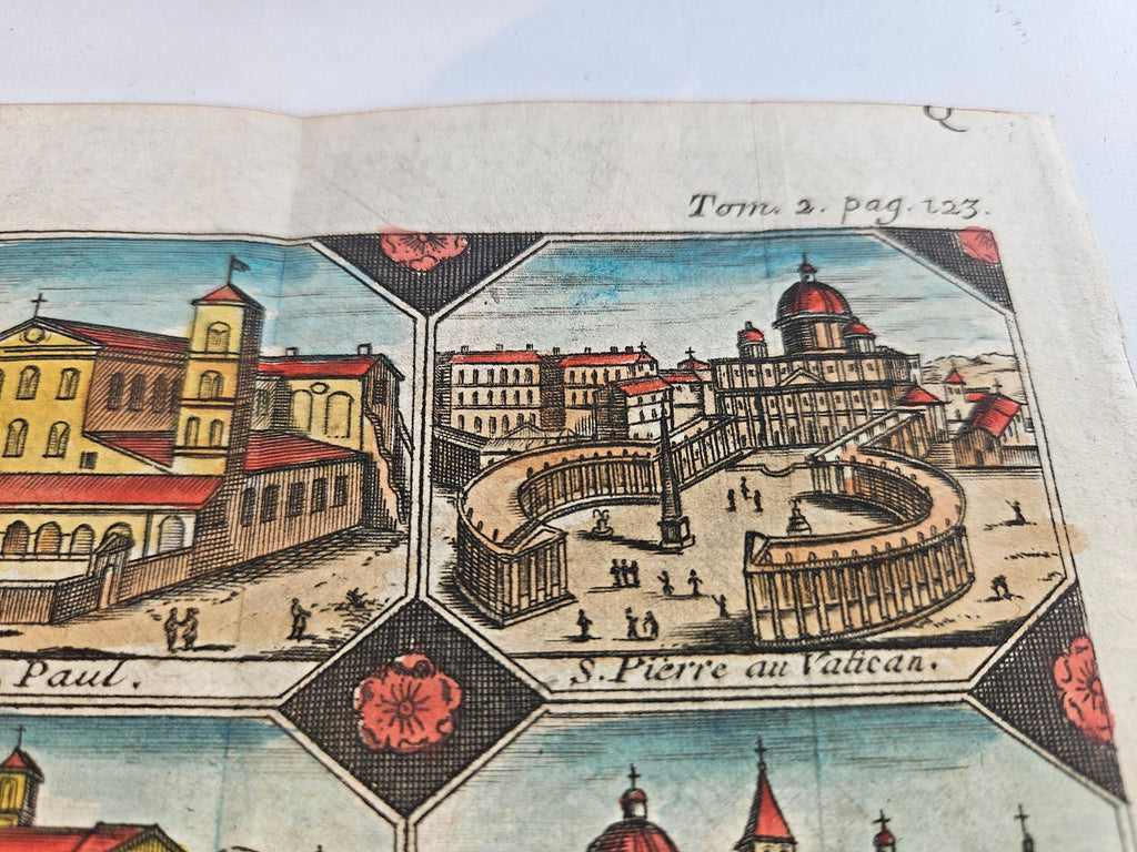 18e-eeuwse handgekleurde gravure – Les Neuf Églises de Rome – Alexandre de Rogissart