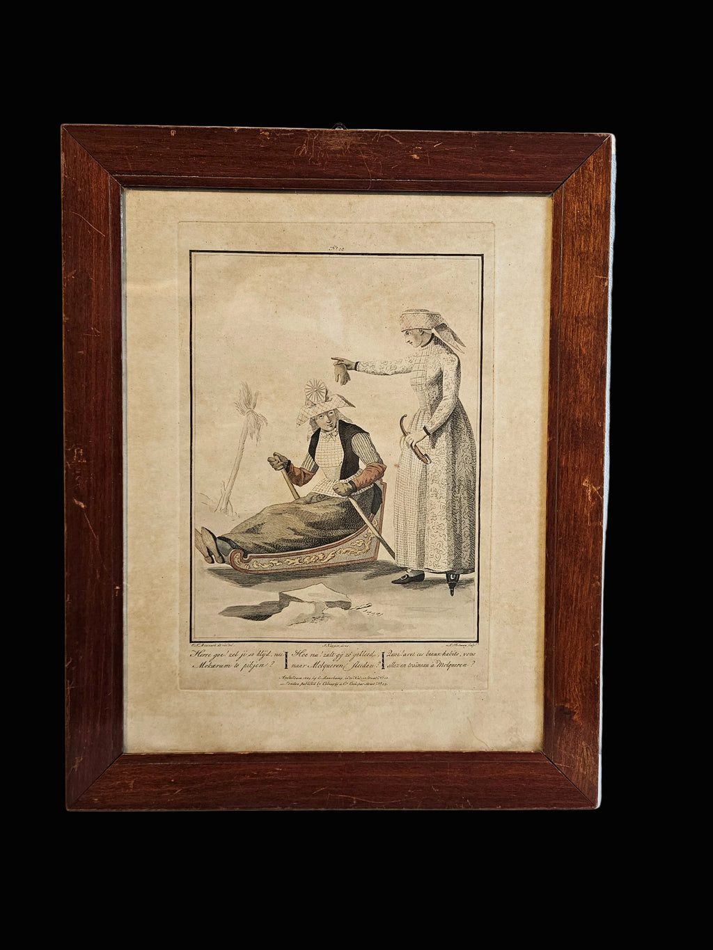 Ingelijste 19e-eeuwse spotprent – J. Kuyper – Amsterdam 1804 – handgekleurde gravure