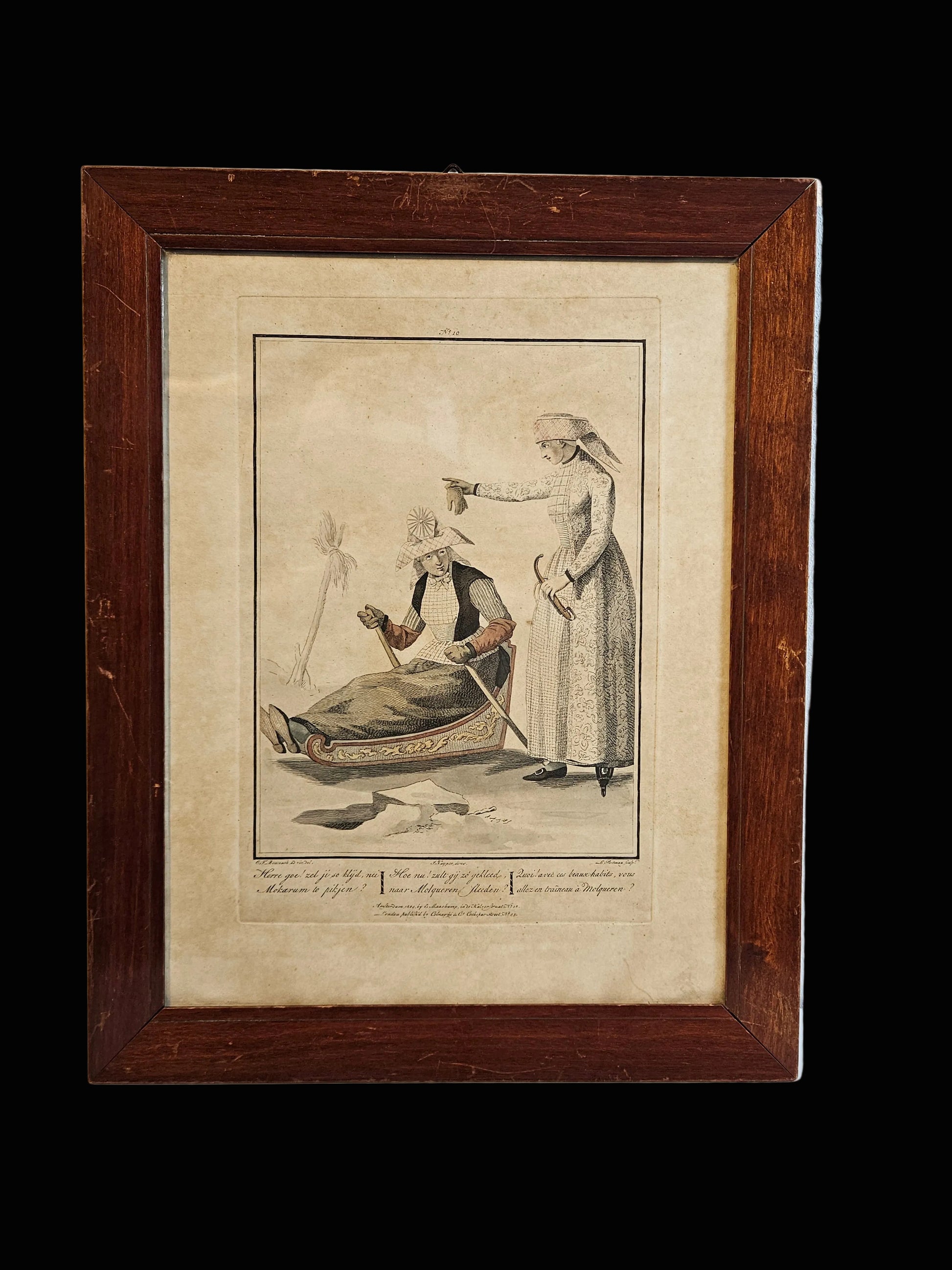 Ingelijste 19e-eeuwse spotprent – J. Kuyper – Amsterdam 1804 – handgekleurde gravure