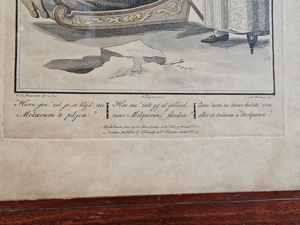 Ingelijste 19e-eeuwse spotprent – J. Kuyper – Amsterdam 1804 – handgekleurde gravure