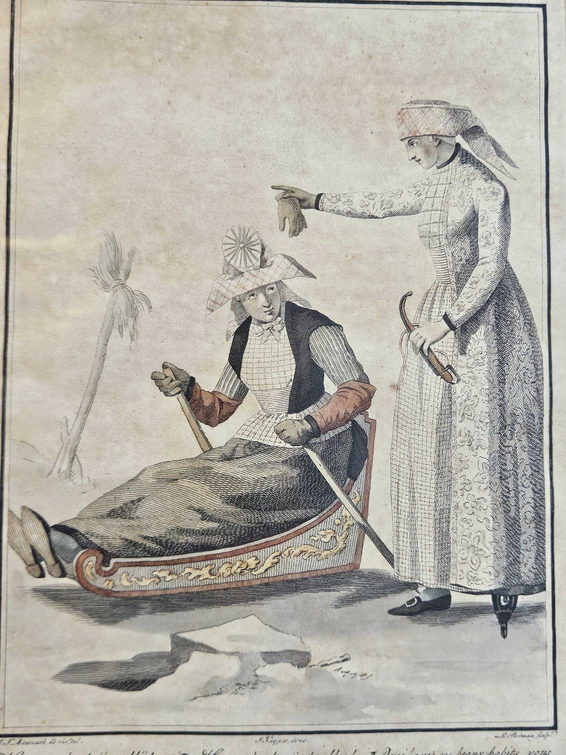 Ingelijste 19e-eeuwse spotprent – J. Kuyper – Amsterdam 1804 – handgekleurde gravure
