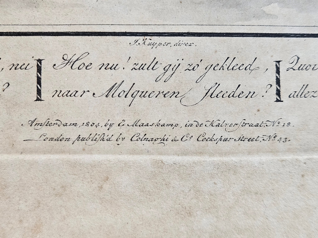 Ingelijste 19e-eeuwse spotprent – J. Kuyper – Amsterdam 1804 – handgekleurde gravure