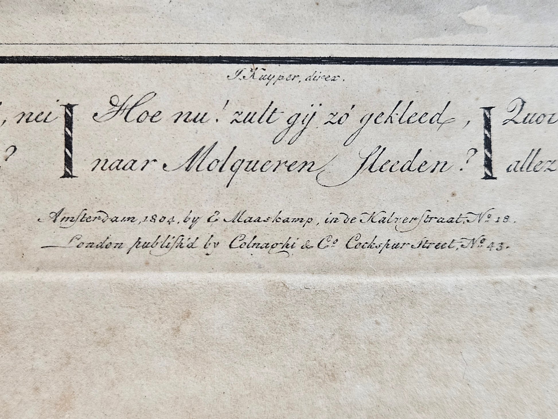 Ingelijste 19e-eeuwse spotprent – J. Kuyper – Amsterdam 1804 – handgekleurde gravure