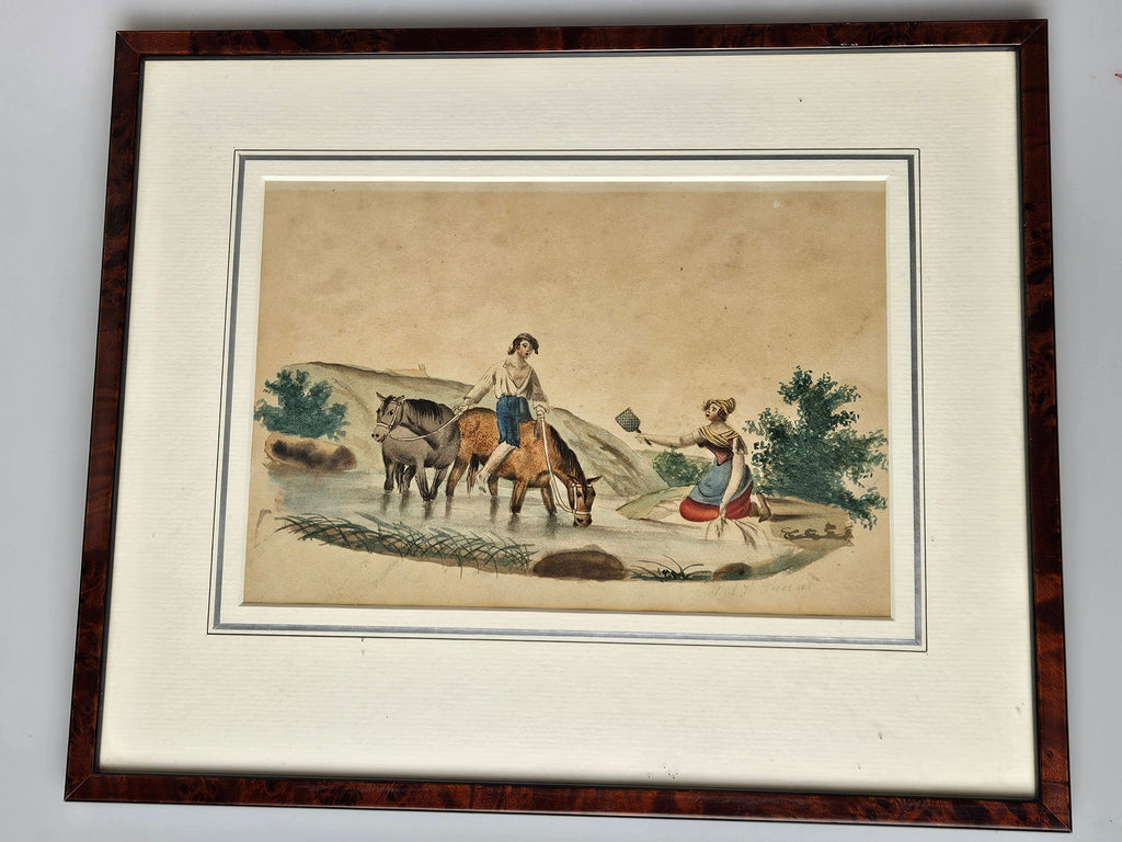 Handgekleurde Aquarel van Johan Berens (1858-1925) – Landelijk Tafereel met Paarden
