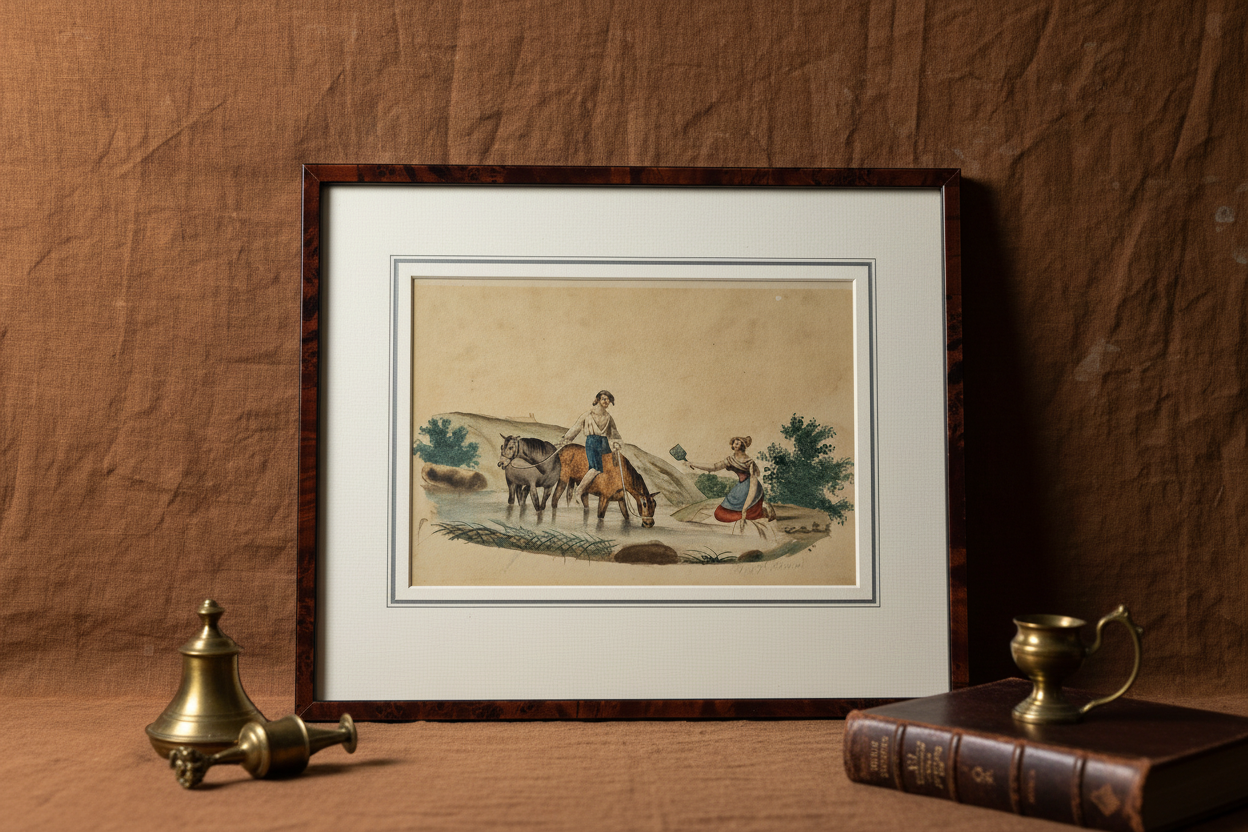 Handgekleurde Aquarel van Johan Berens (1858-1925) – Landelijk Tafereel met Paarden