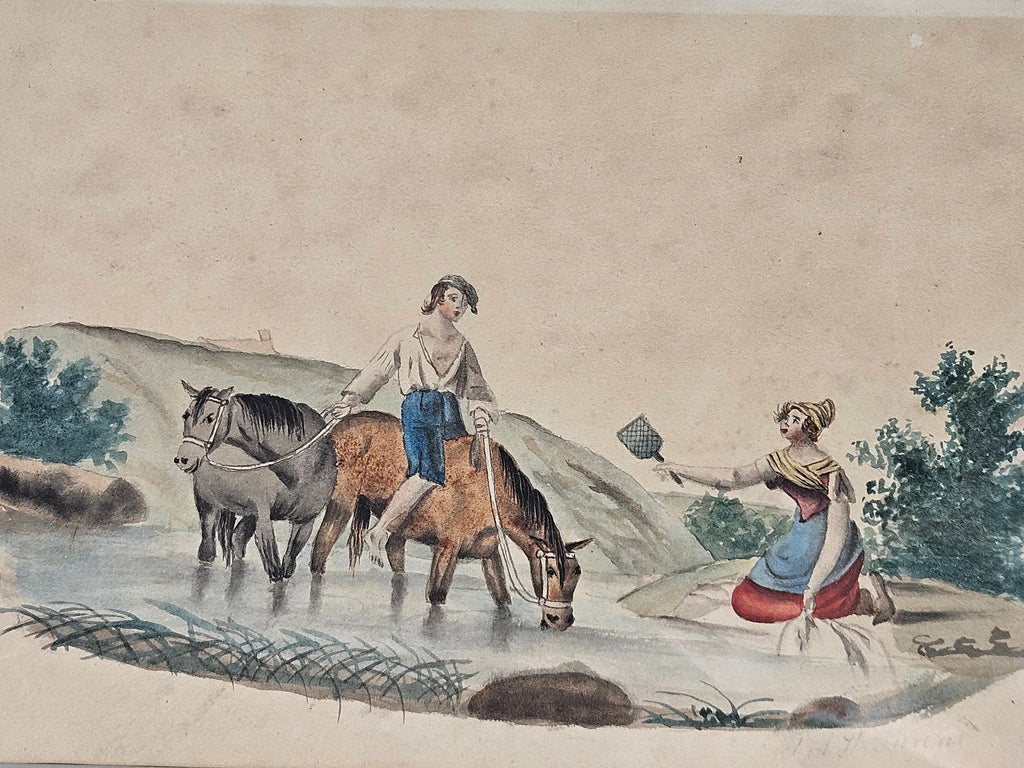 Handgekleurde Aquarel van Johan Berens (1858-1925) – Landelijk Tafereel met Paarden