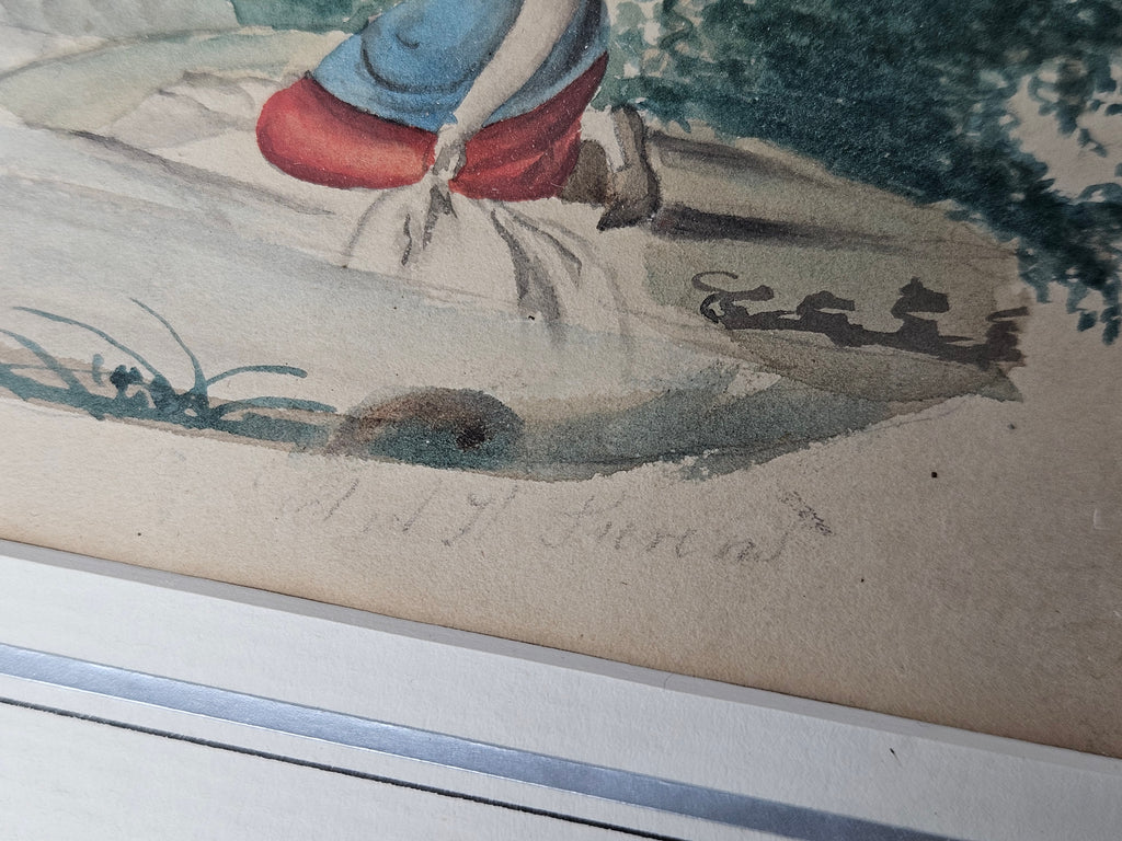 Handgekleurde Aquarel van Johan Berens (1858-1925) – Landelijk Tafereel met Paarden
