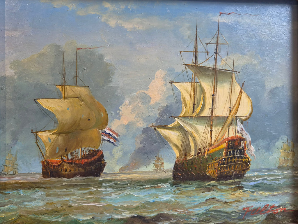 Maritiem olieverfschilderij op paneel – “Fulton” – Zeilschepen op zee – Ingelijst