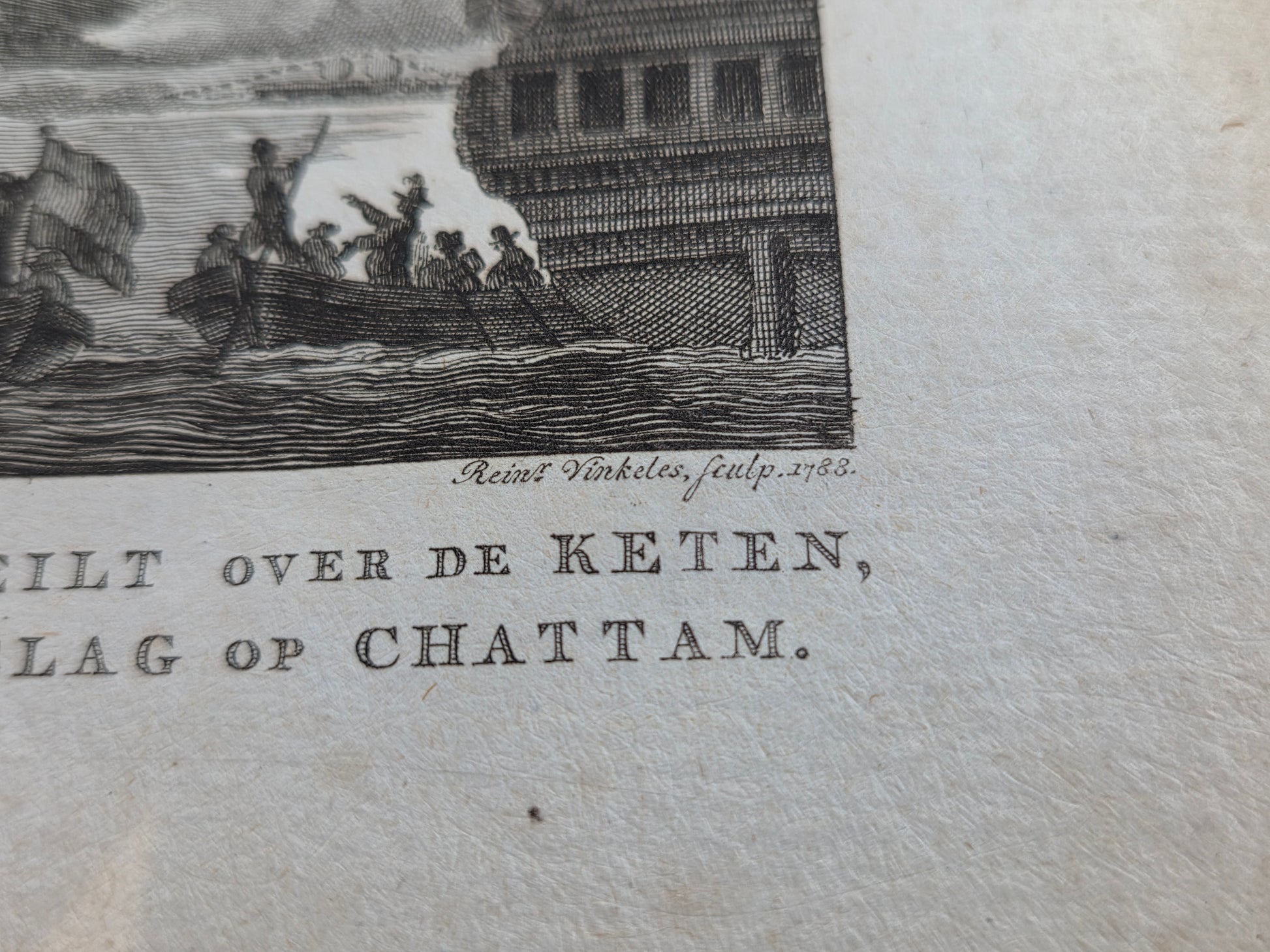 18e-eeuwse kopergravure “Kapitein Van Brakel zeilt over de keten” – Reinier Vinkeles – 1784