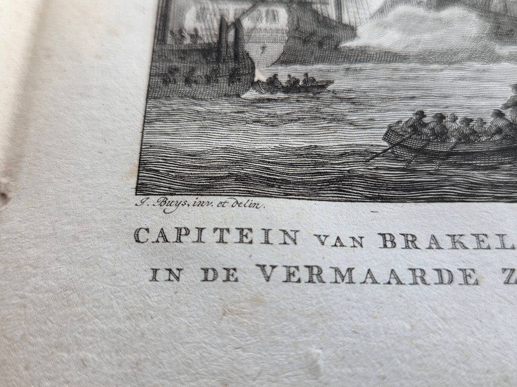 18e-eeuwse kopergravure “Kapitein Van Brakel zeilt over de keten” – Reinier Vinkeles – 1784