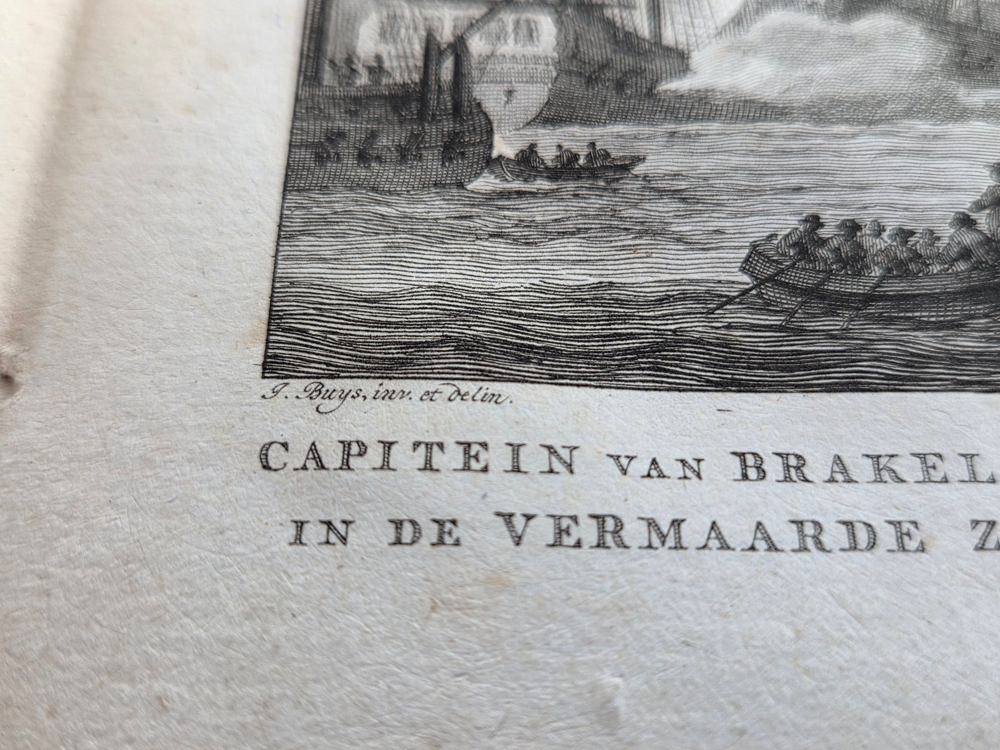 18e-eeuwse kopergravure “Kapitein Van Brakel zeilt over de keten” – Reinier Vinkeles – 1784