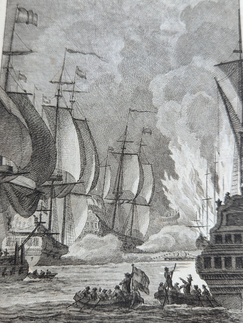 18e-eeuwse kopergravure “Kapitein Van Brakel zeilt over de keten” – Reinier Vinkeles – 1784
