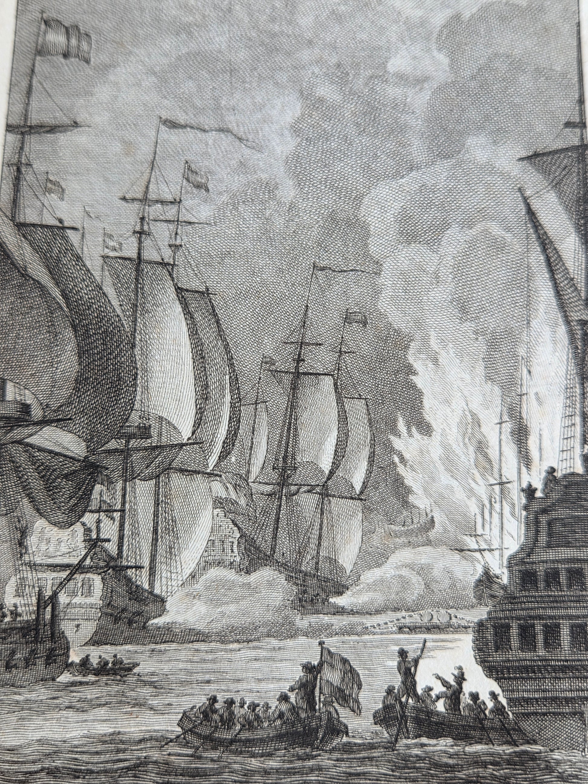 18e-eeuwse kopergravure “Kapitein Van Brakel zeilt over de keten” – Reinier Vinkeles – 1784