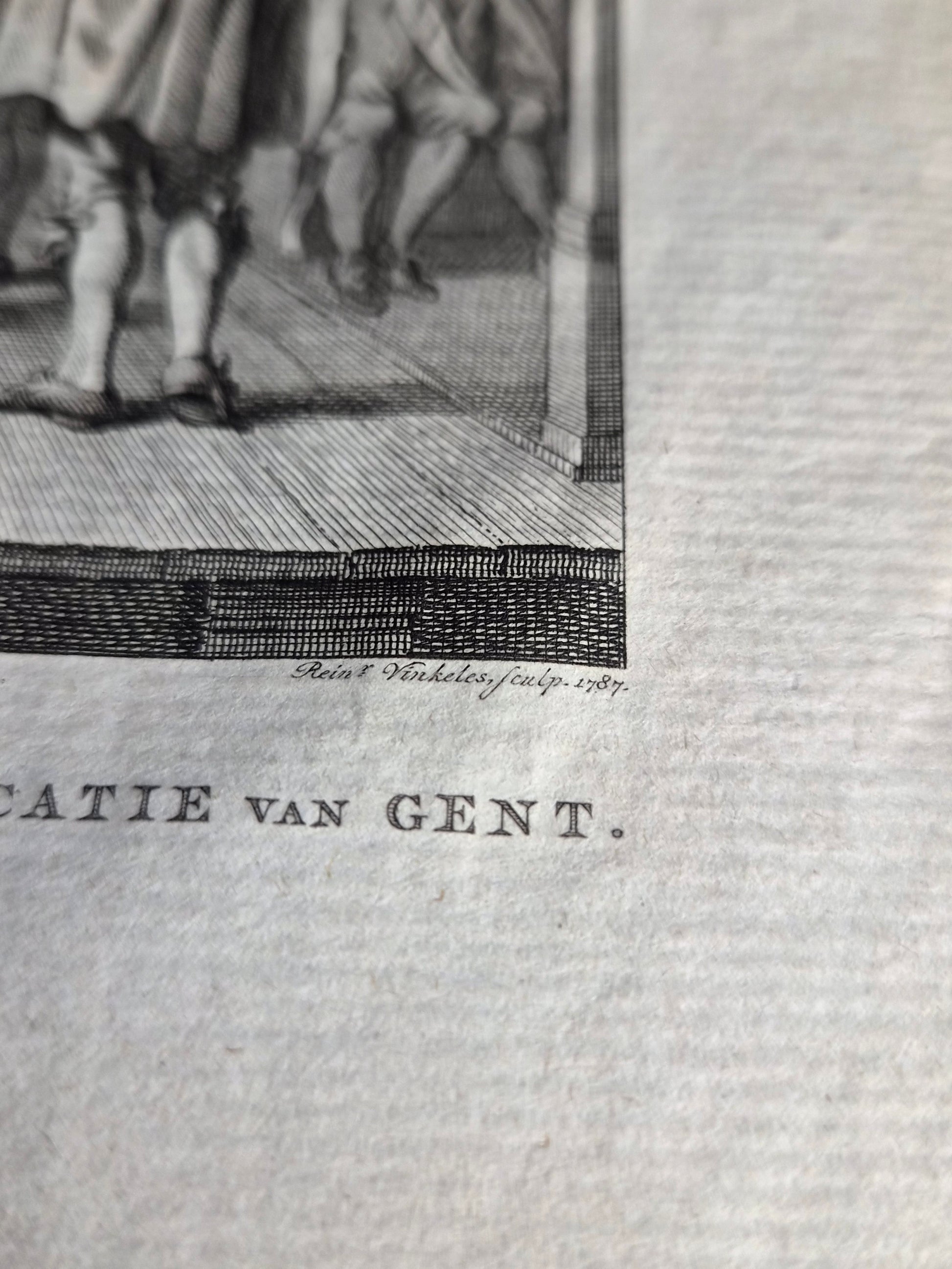 18e-eeuwse kopergravure “Het Aflezen der Pacificatie van Gent” – Reinier Vinkeles – 1787