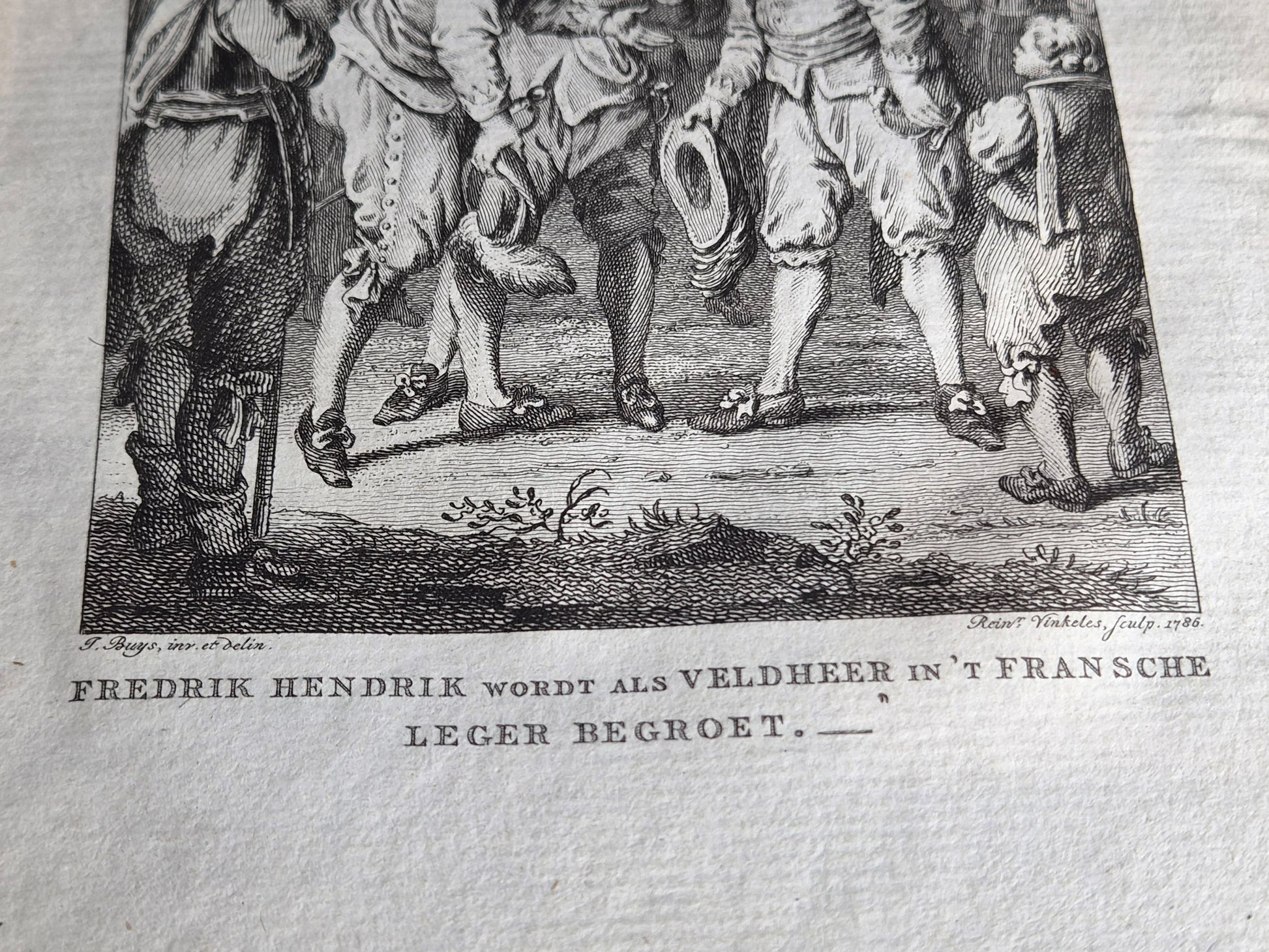 18e-eeuwse kopergravure “Fredrik Hendrik wordt als veldheer begroet” – Reinier Vinkeles – 1788