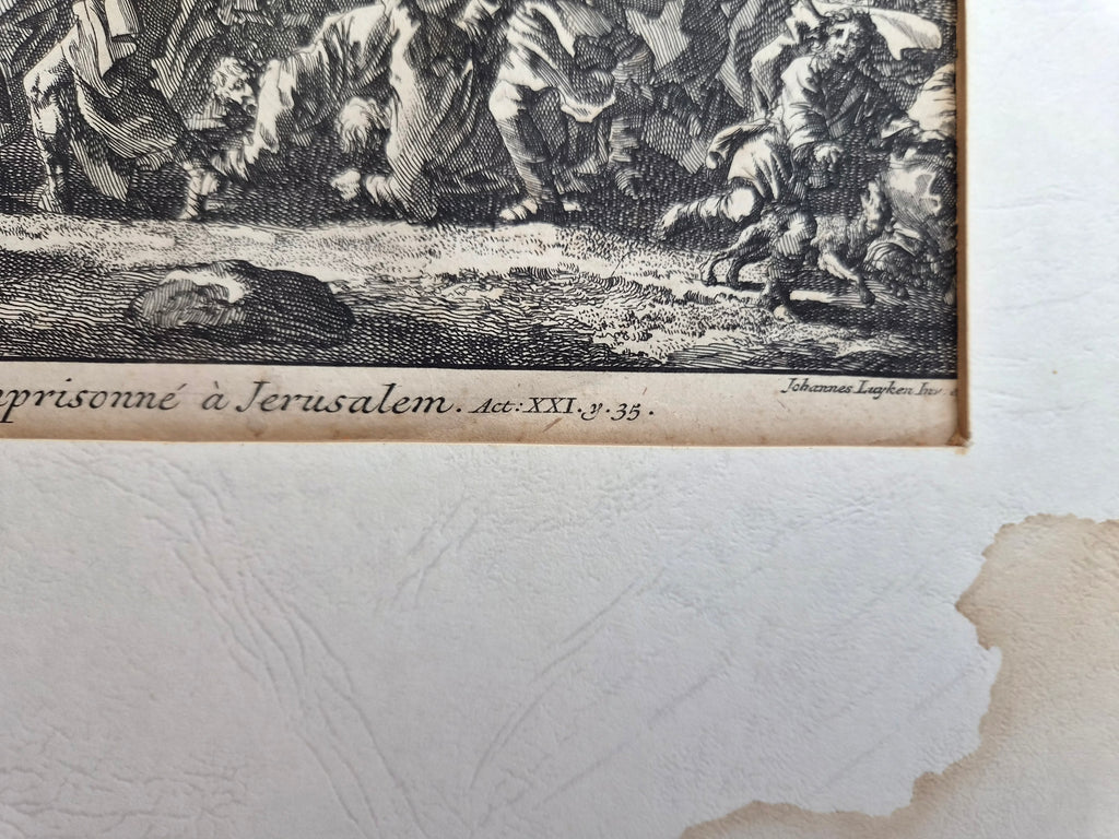 Jan Luyken – “Paulus wordt binnen Jeruzalem gevangen genomen” – Monumentale 18e-eeuwse Bijbelse Kopergravure