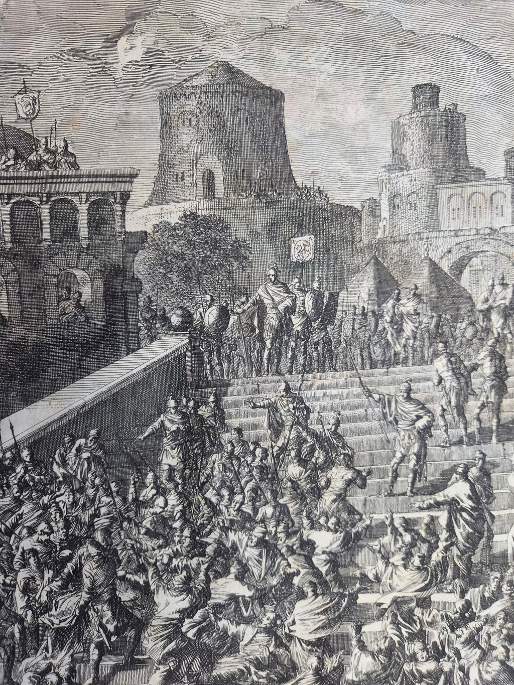 Jan Luyken – “Paulus wordt binnen Jeruzalem gevangen genomen” – Monumentale 18e-eeuwse Bijbelse Kopergravure