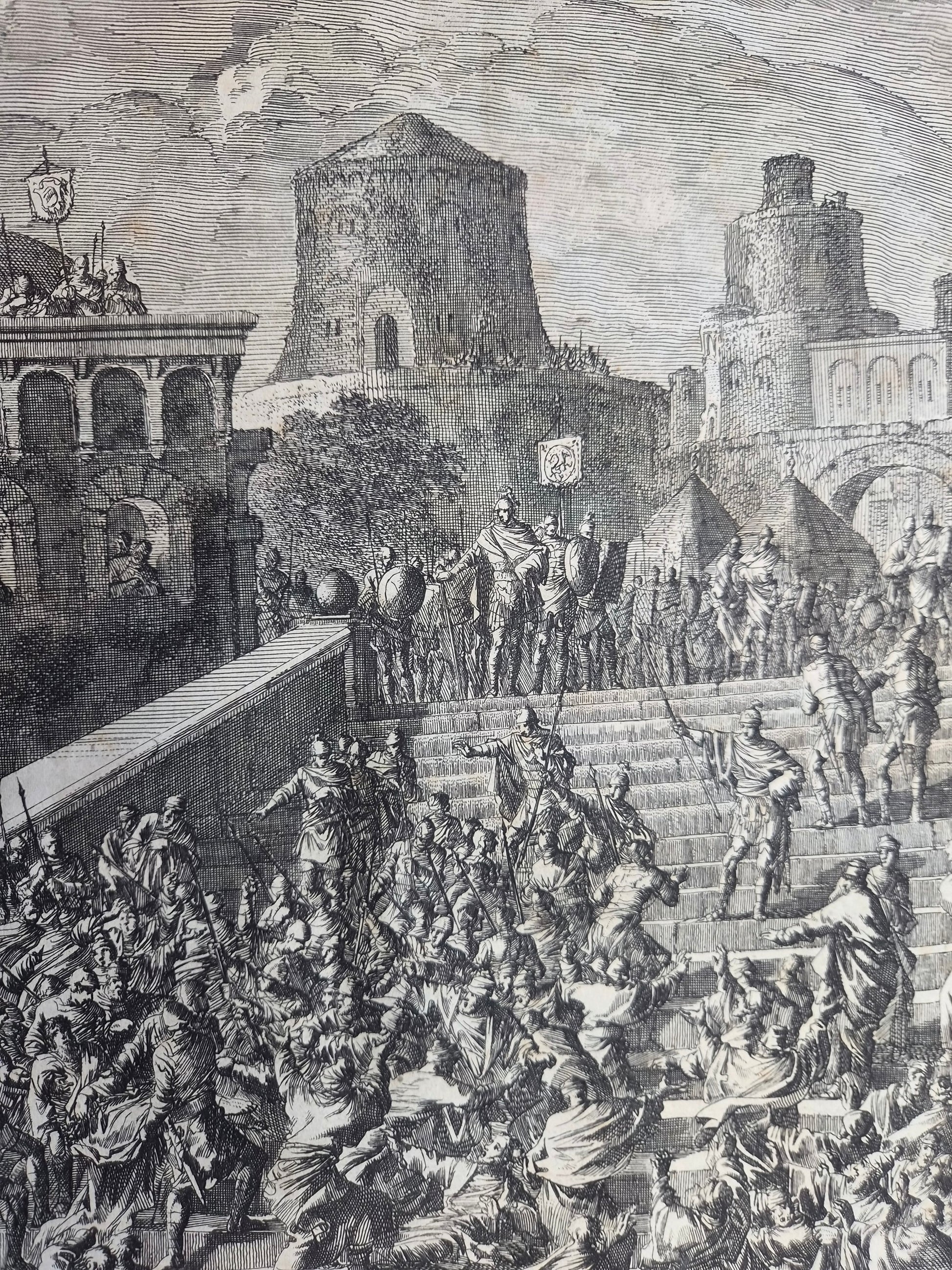 Jan Luyken – “Paulus wordt binnen Jeruzalem gevangen genomen” – Monumentale 18e-eeuwse Bijbelse Kopergravure