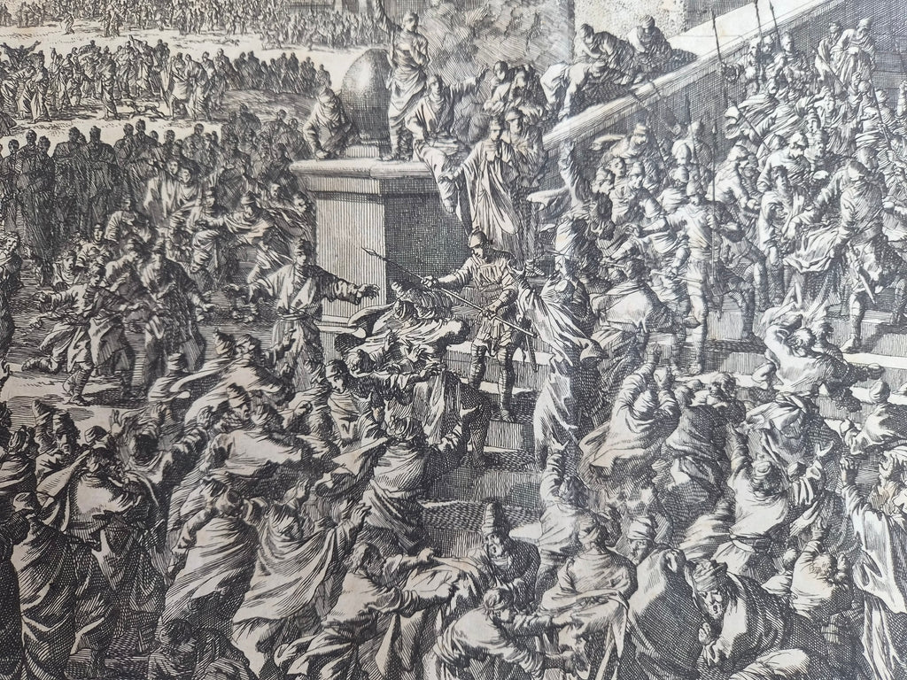 Jan Luyken – “Paulus wordt binnen Jeruzalem gevangen genomen” – Monumentale 18e-eeuwse Bijbelse Kopergravure