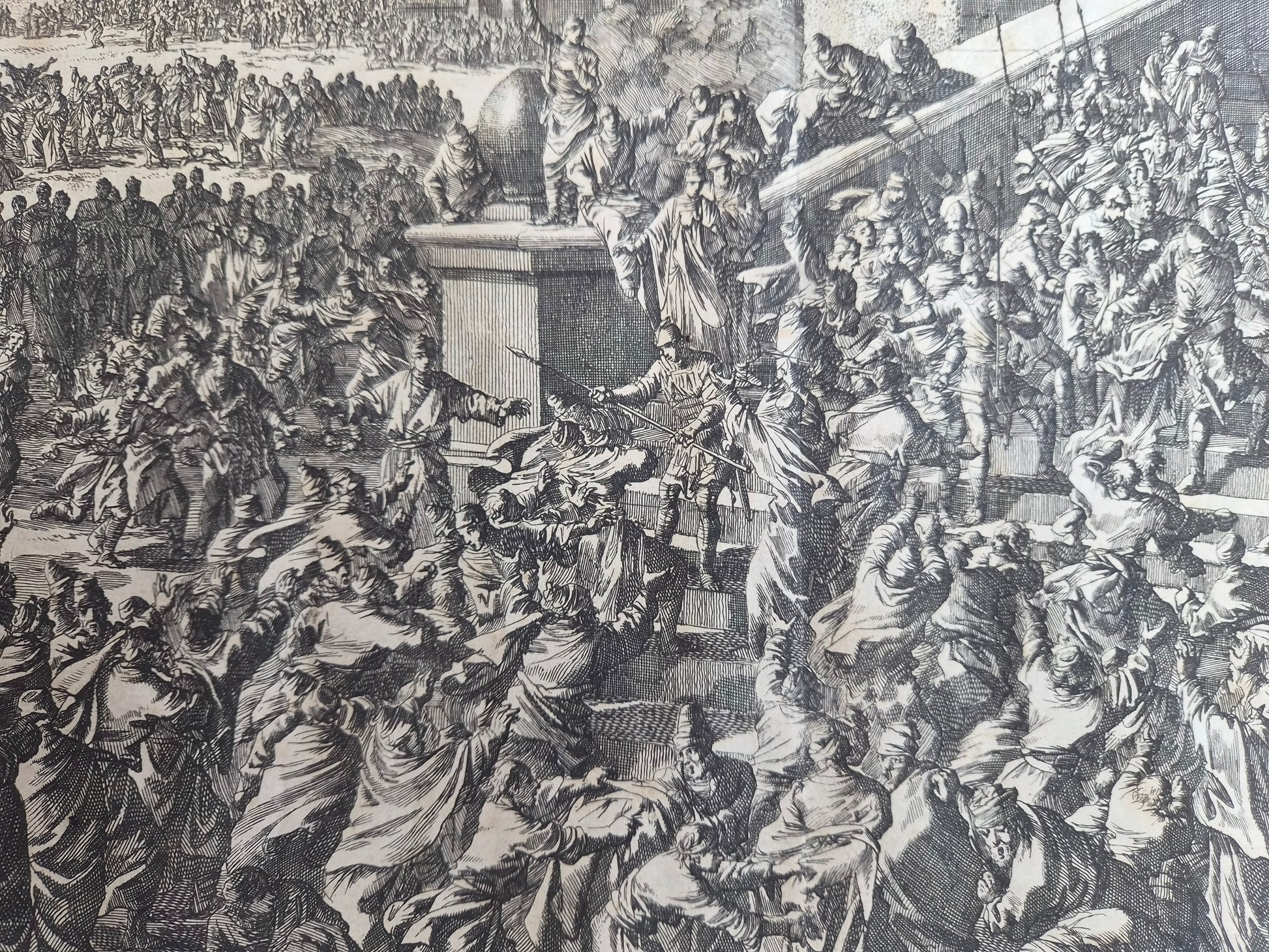 Jan Luyken – “Paulus wordt binnen Jeruzalem gevangen genomen” – Monumentale 18e-eeuwse Bijbelse Kopergravure
