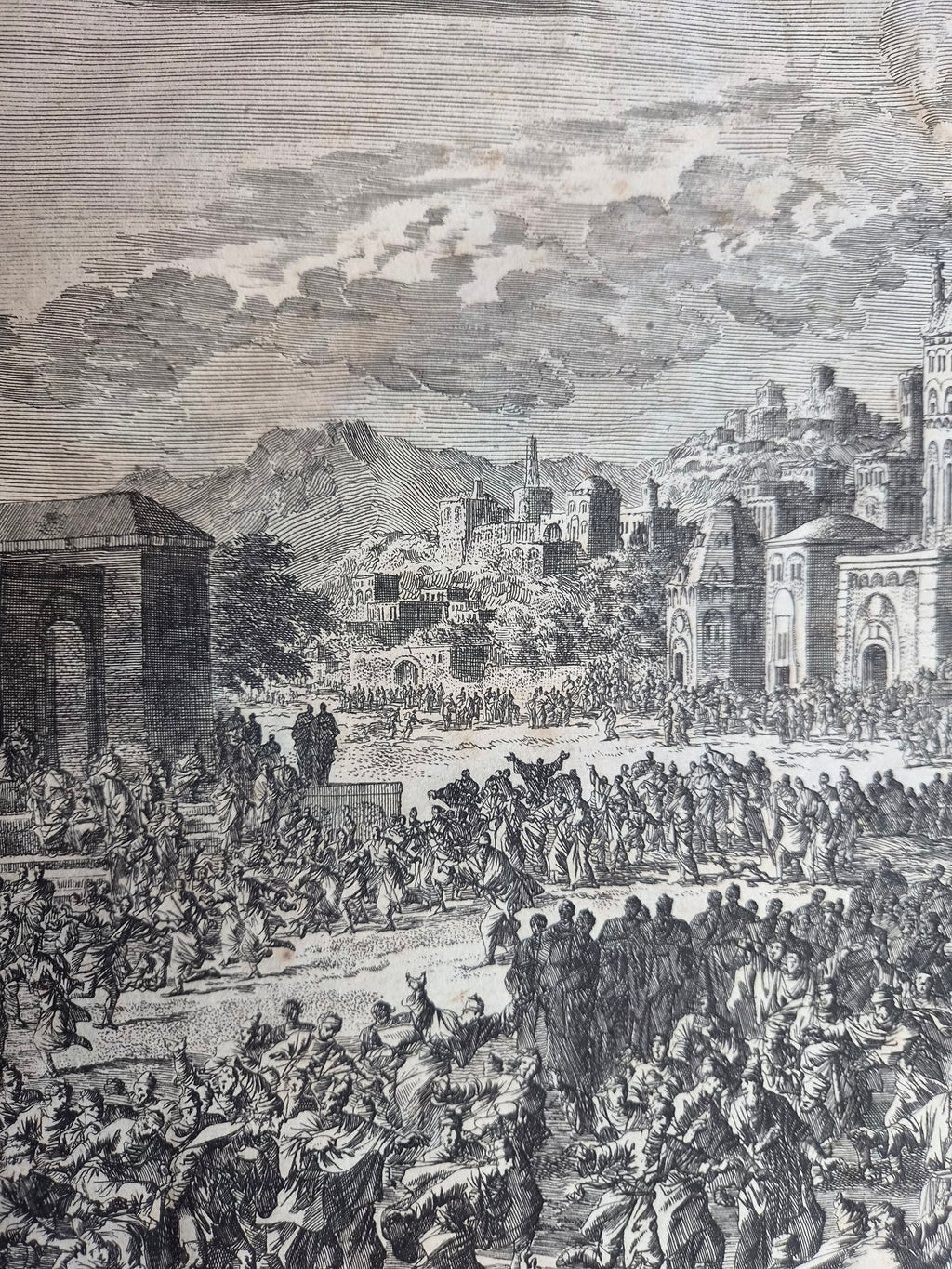 Jan Luyken – “Paulus wordt binnen Jeruzalem gevangen genomen” – Monumentale 18e-eeuwse Bijbelse Kopergravure