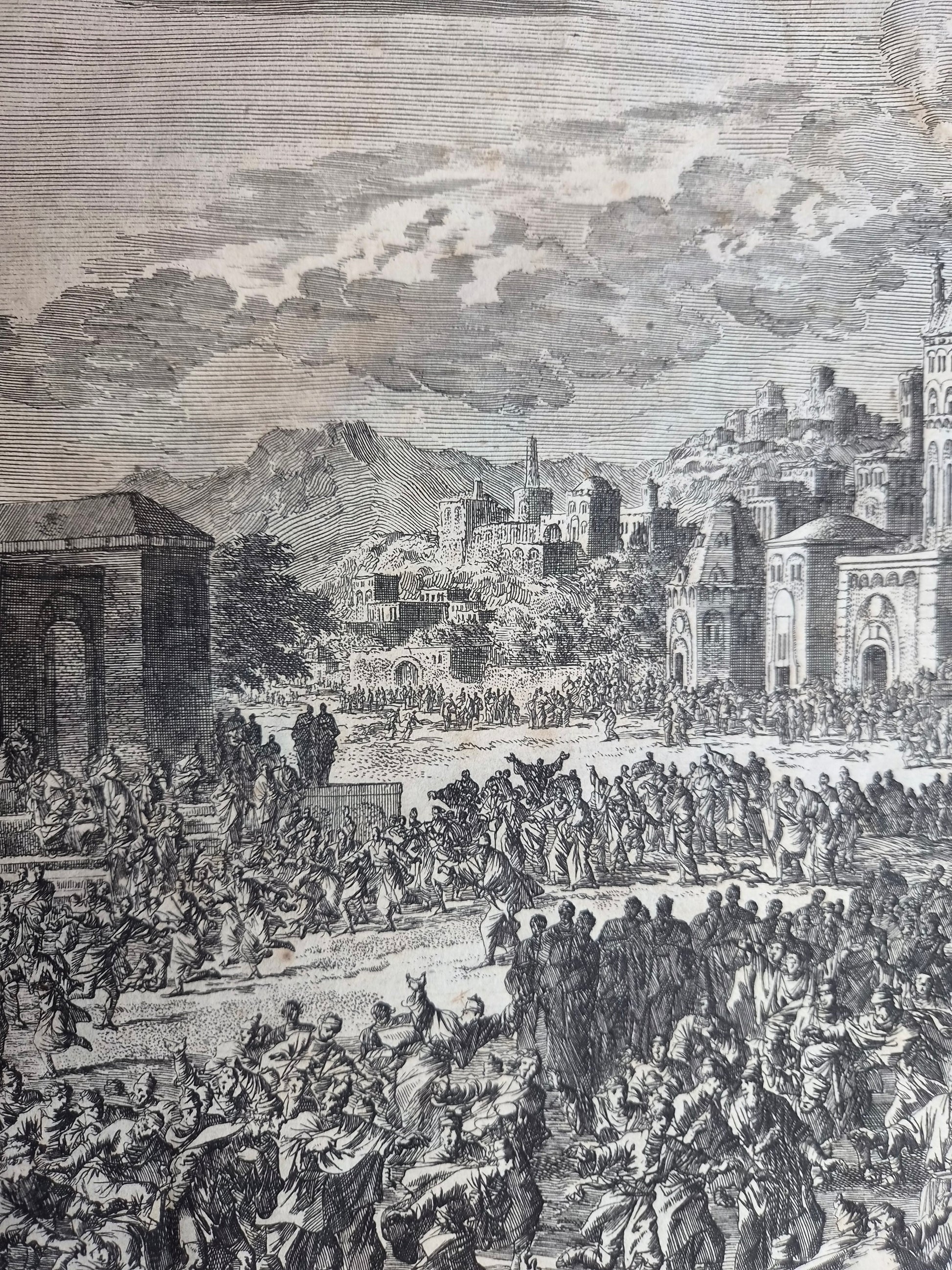 Jan Luyken – “Paulus wordt binnen Jeruzalem gevangen genomen” – Monumentale 18e-eeuwse Bijbelse Kopergravure