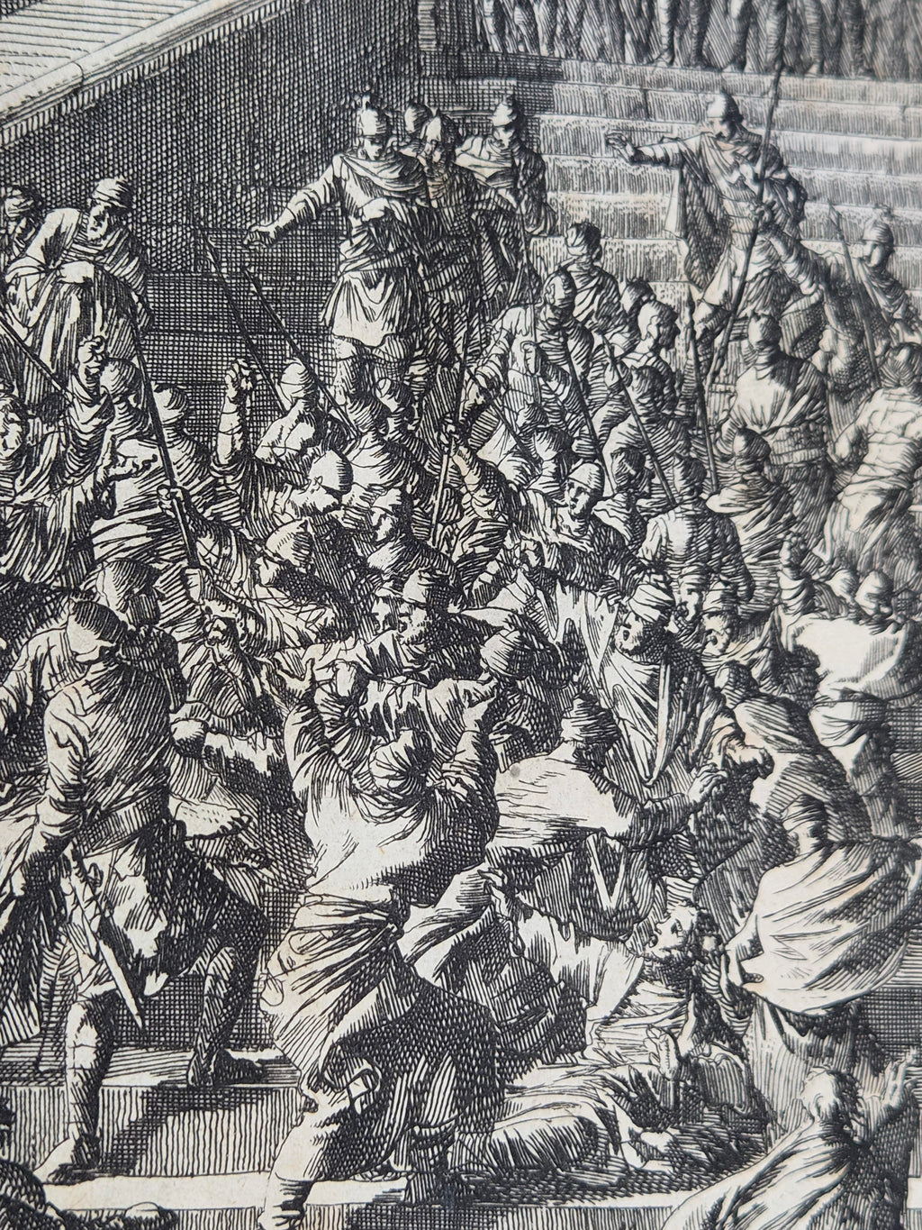 Jan Luyken – “Paulus wordt binnen Jeruzalem gevangen genomen” – Monumentale 18e-eeuwse Bijbelse Kopergravure
