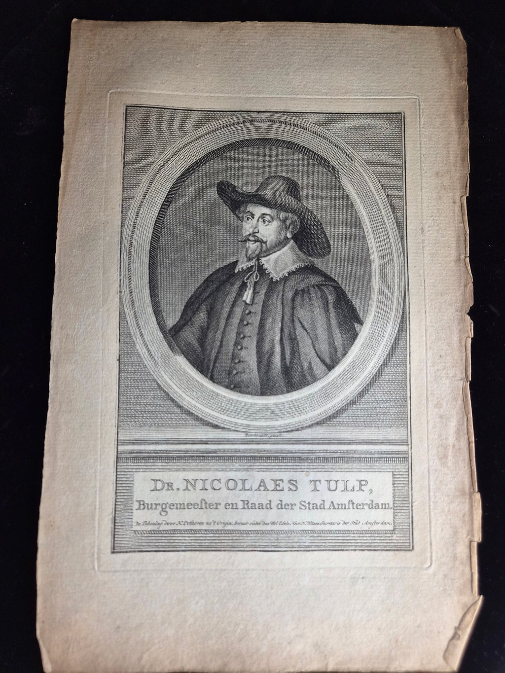 Originele 18e-eeuwse Kopergravure van Dr. Nicolaes Tulp | Burgemeester van Amsterdam