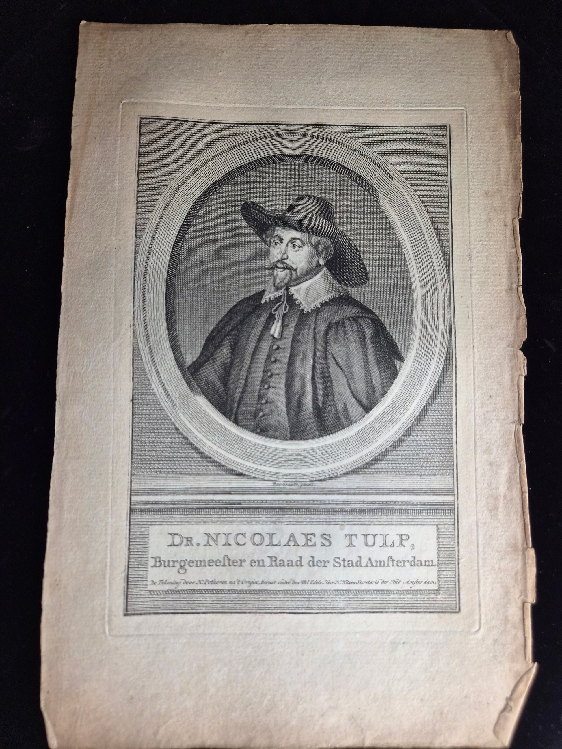 Originele 18e-eeuwse Kopergravure van Dr. Nicolaes Tulp | Burgemeester van Amsterdam