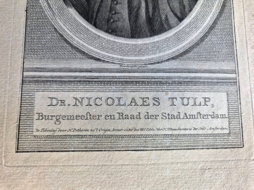 Originele 18e-eeuwse Kopergravure van Dr. Nicolaes Tulp | Burgemeester van Amsterdam