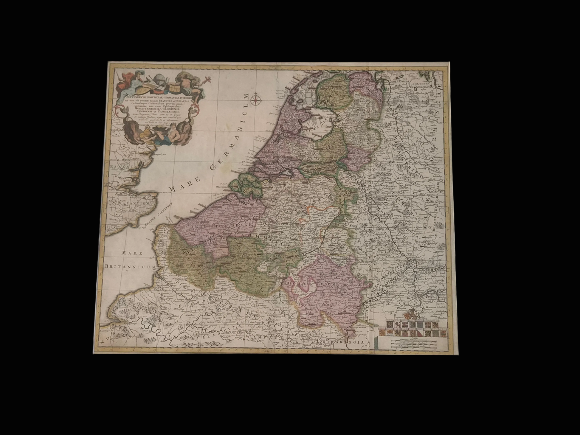 Antieke Handgekleurde Kaart van de Zeventien Provinciën – Petrus Schenk naar Nicolaes Visscher (1704) – Ingelijst