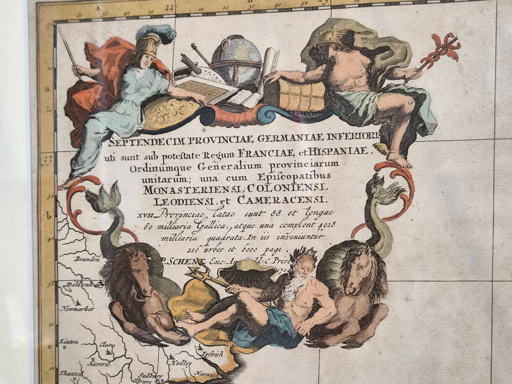 Antieke Handgekleurde Kaart van de Zeventien Provinciën – Petrus Schenk naar Nicolaes Visscher (1704) – Ingelijst