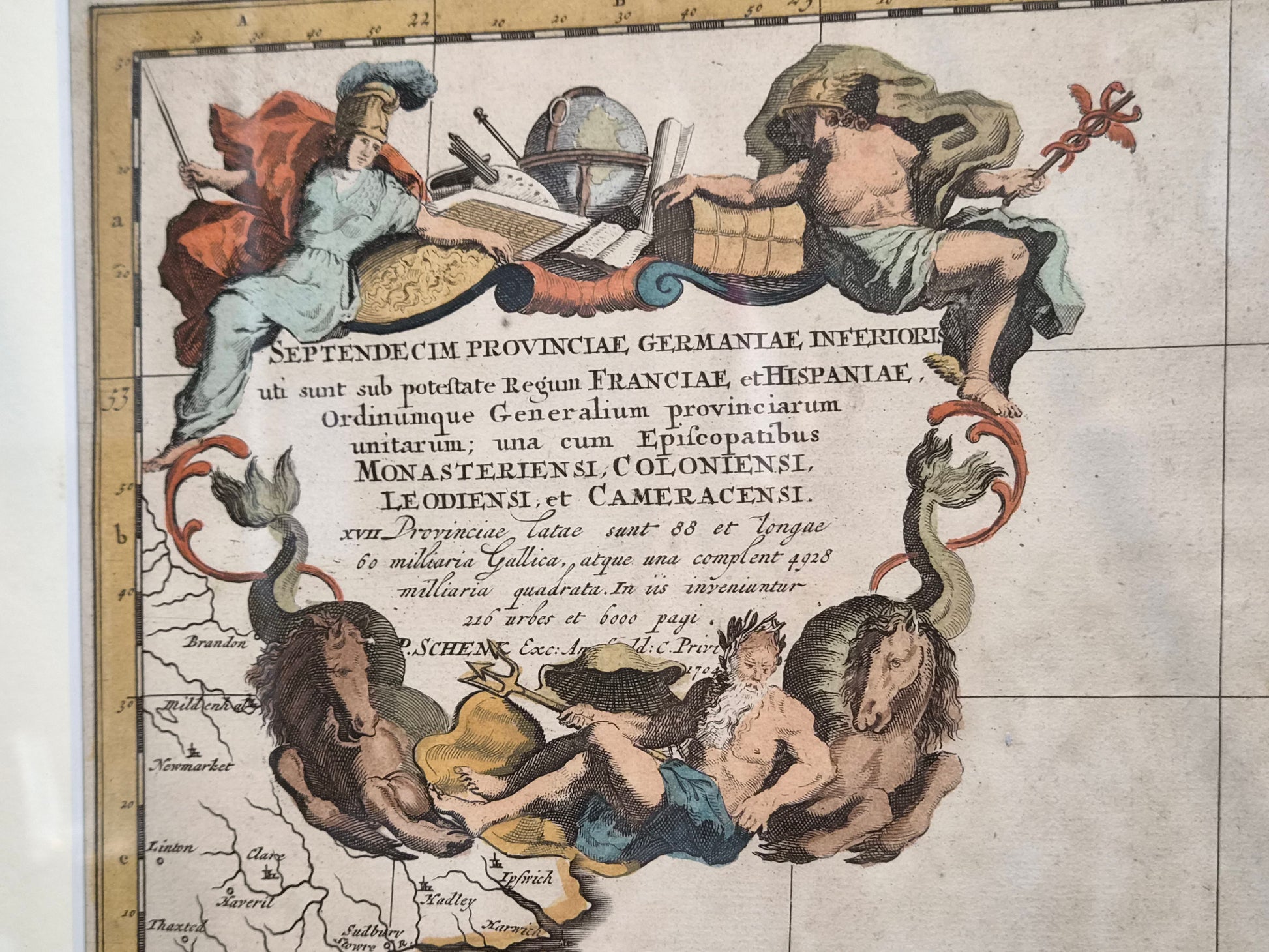 Antieke Handgekleurde Kaart van de Zeventien Provinciën – Petrus Schenk naar Nicolaes Visscher (1704) – Ingelijst