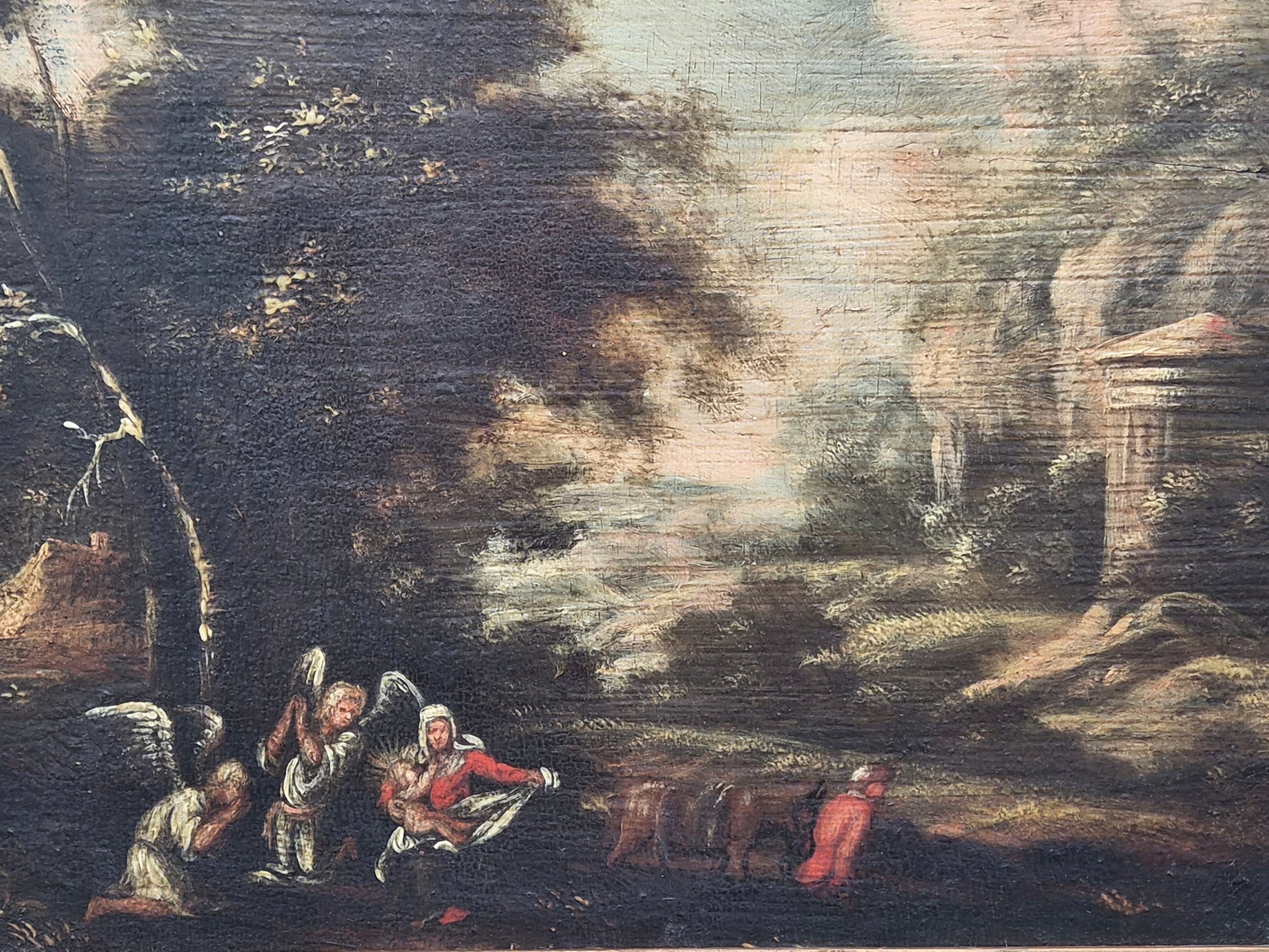 Origineel 17e-Eeuws Italianiserend Landschap (Hollandse School) – Vlucht naar Egypte