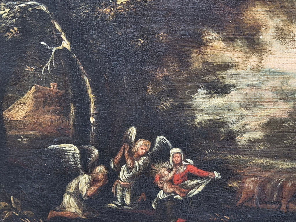 Origineel 17e-Eeuws Italianiserend Landschap (Hollandse School) – Vlucht naar Egypte