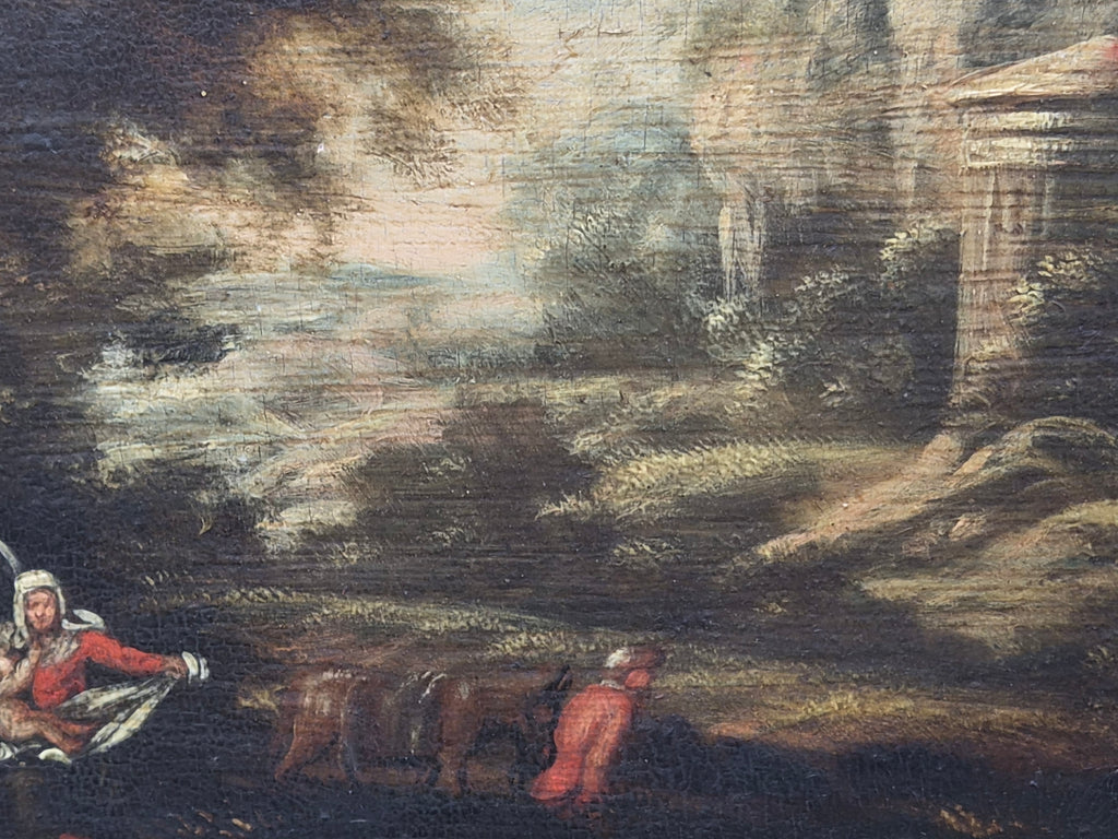 Origineel 17e-Eeuws Italianiserend Landschap (Hollandse School) – Vlucht naar Egypte