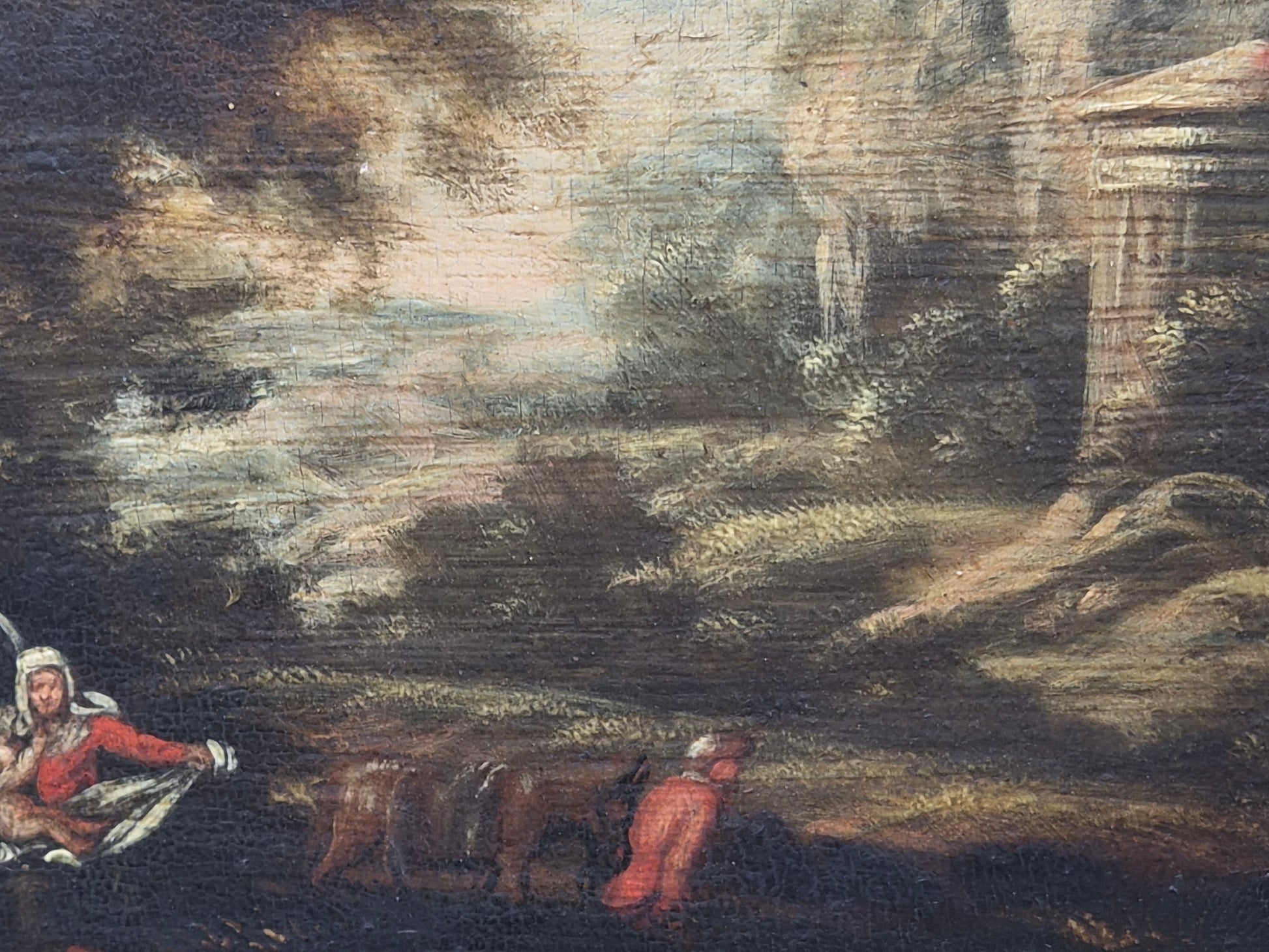 Origineel 17e-Eeuws Italianiserend Landschap (Hollandse School) – Vlucht naar Egypte