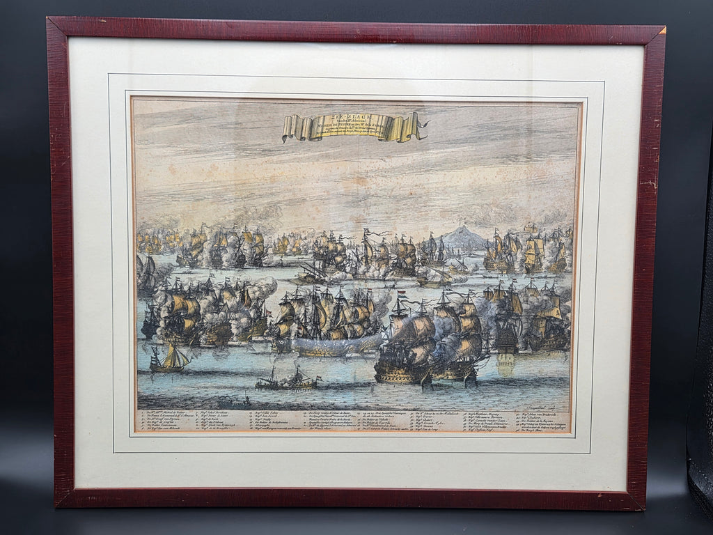 Antieke Handgekleurde Kopergravure 'Zee-Slagh van Michiel de Ruyter' (1676) – Daniel Stoopendaal