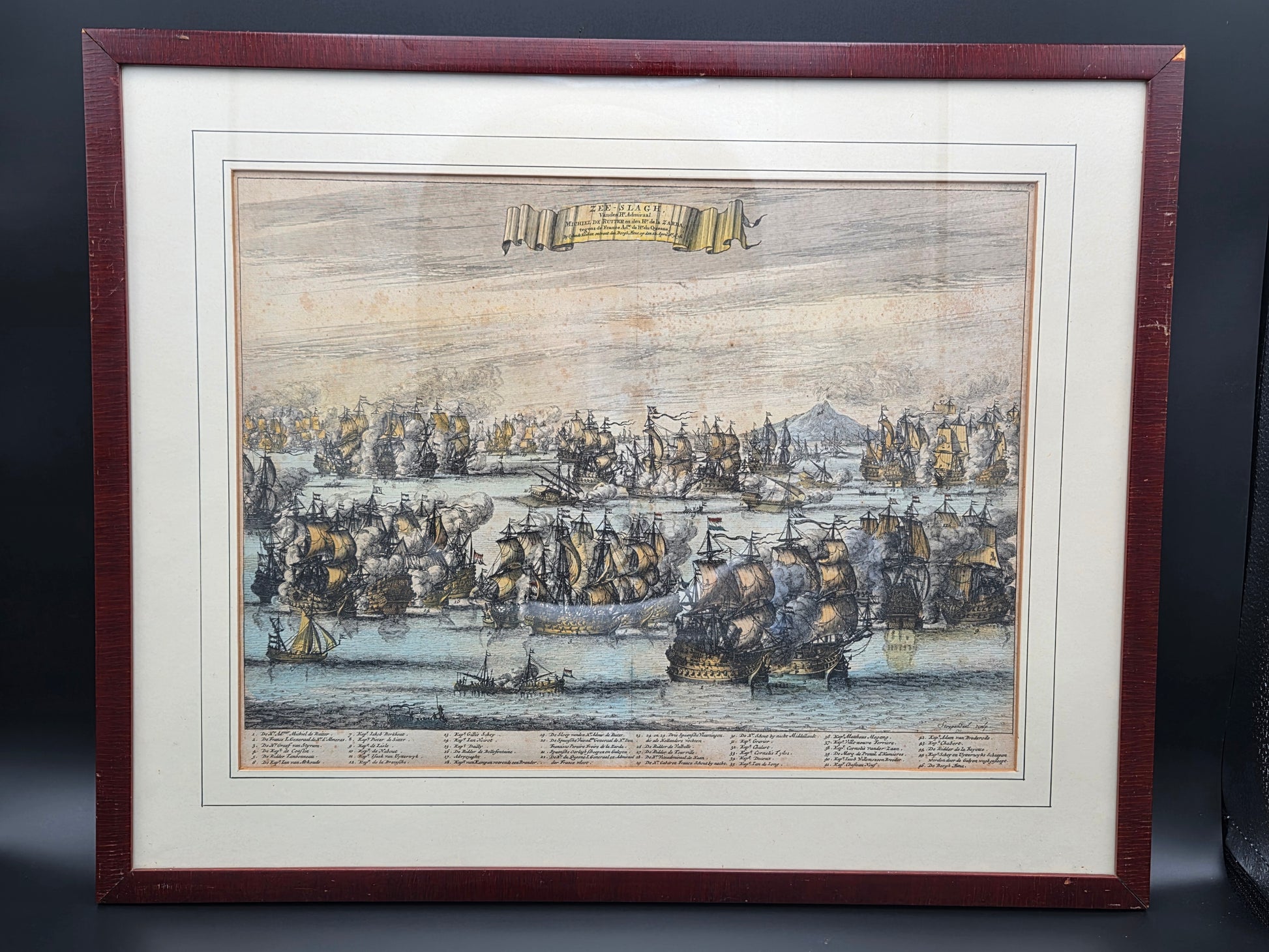 Antieke Handgekleurde Kopergravure 'Zee-Slagh van Michiel de Ruyter' (1676) – Daniel Stoopendaal