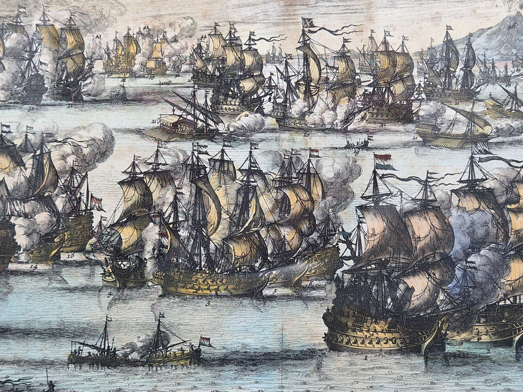 Antieke Handgekleurde Kopergravure 'Zee-Slagh van Michiel de Ruyter' (1676) – Daniel Stoopendaal