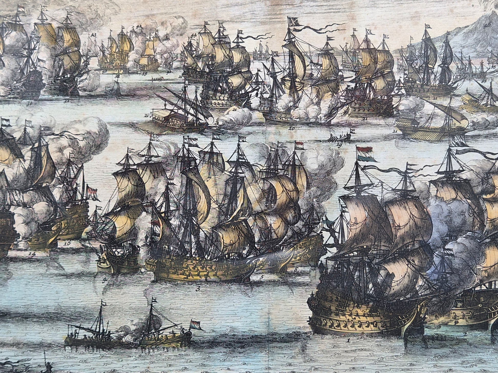 Antieke Handgekleurde Kopergravure 'Zee-Slagh van Michiel de Ruyter' (1676) – Daniel Stoopendaal