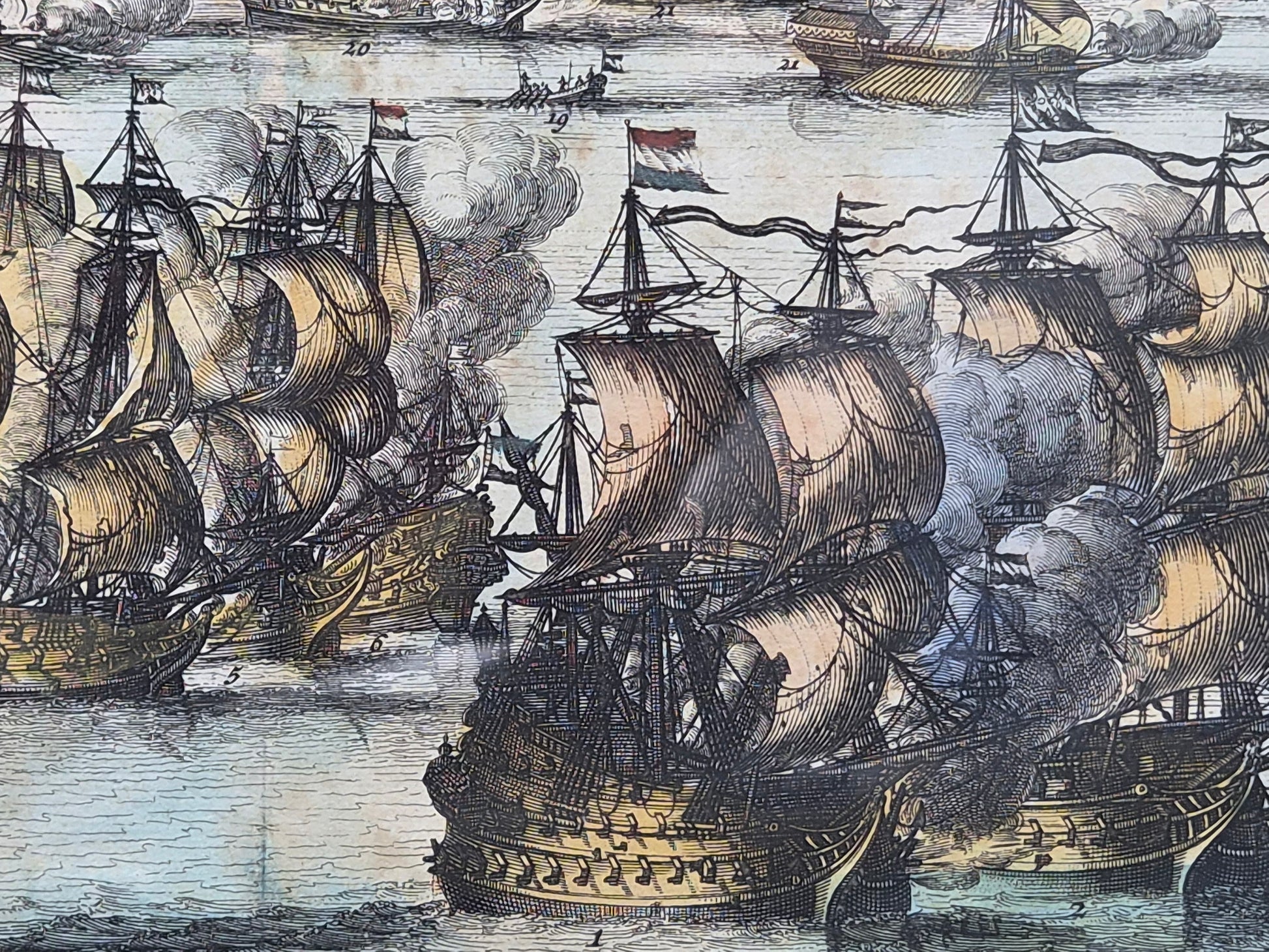 Antieke Handgekleurde Kopergravure 'Zee-Slagh van Michiel de Ruyter' (1676) – Daniel Stoopendaal