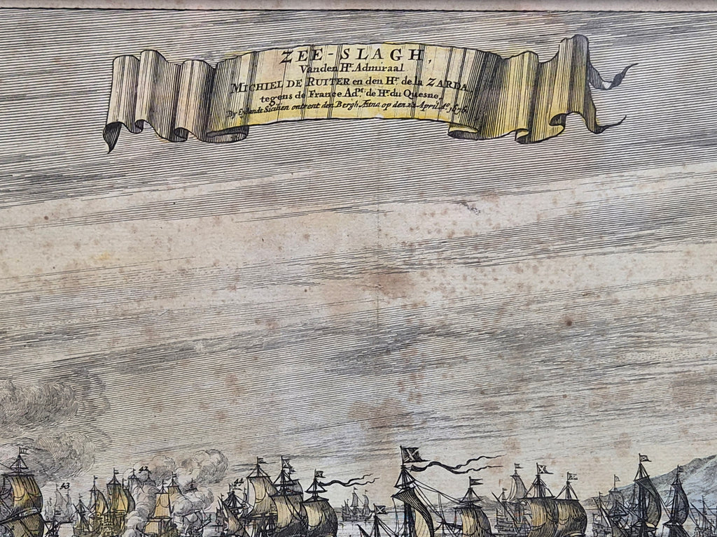 Antieke Handgekleurde Kopergravure 'Zee-Slagh van Michiel de Ruyter' (1676) – Daniel Stoopendaal
